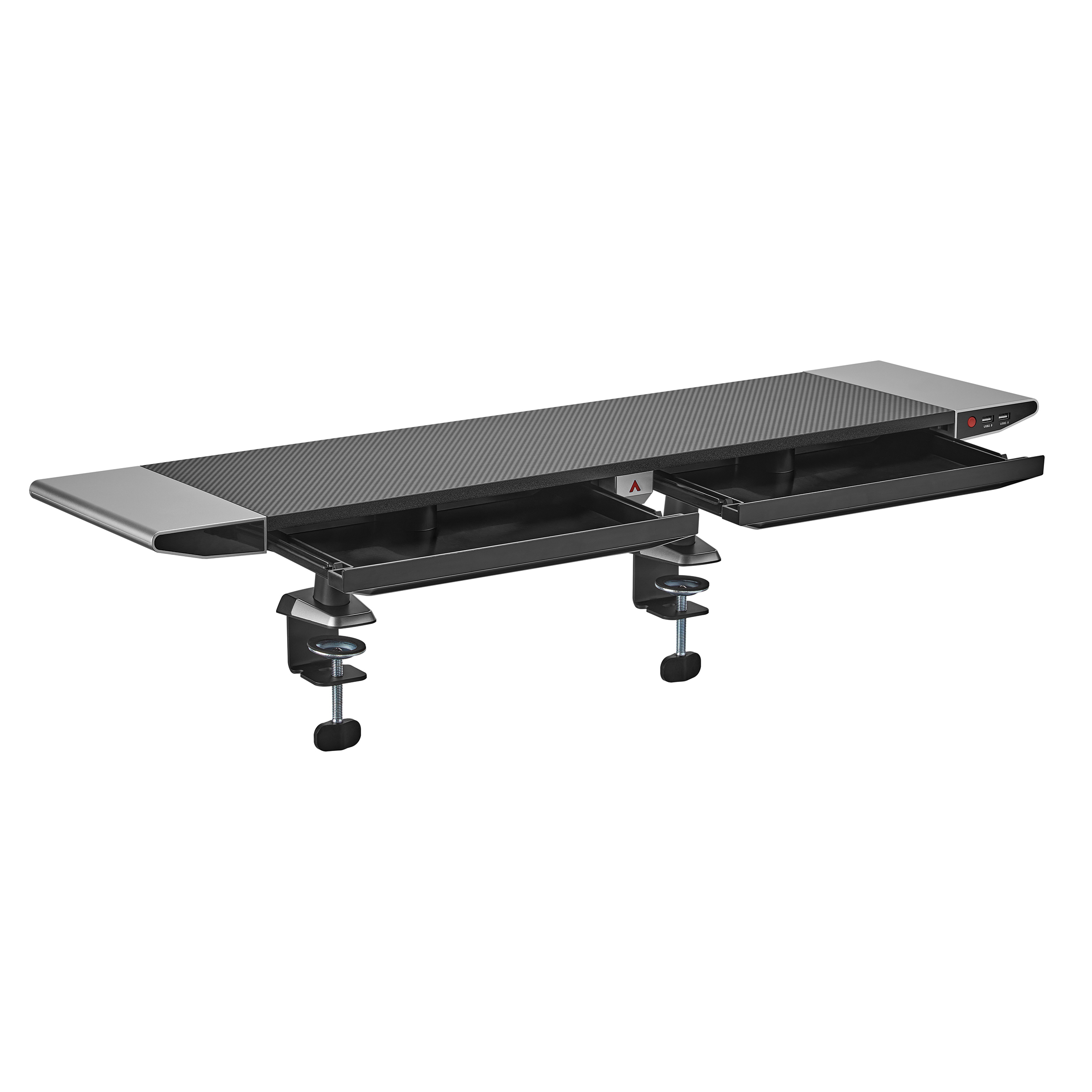 Ein langes, schwarzes und silbernes Schreibtischregal mit Schubladen und Klemmen.