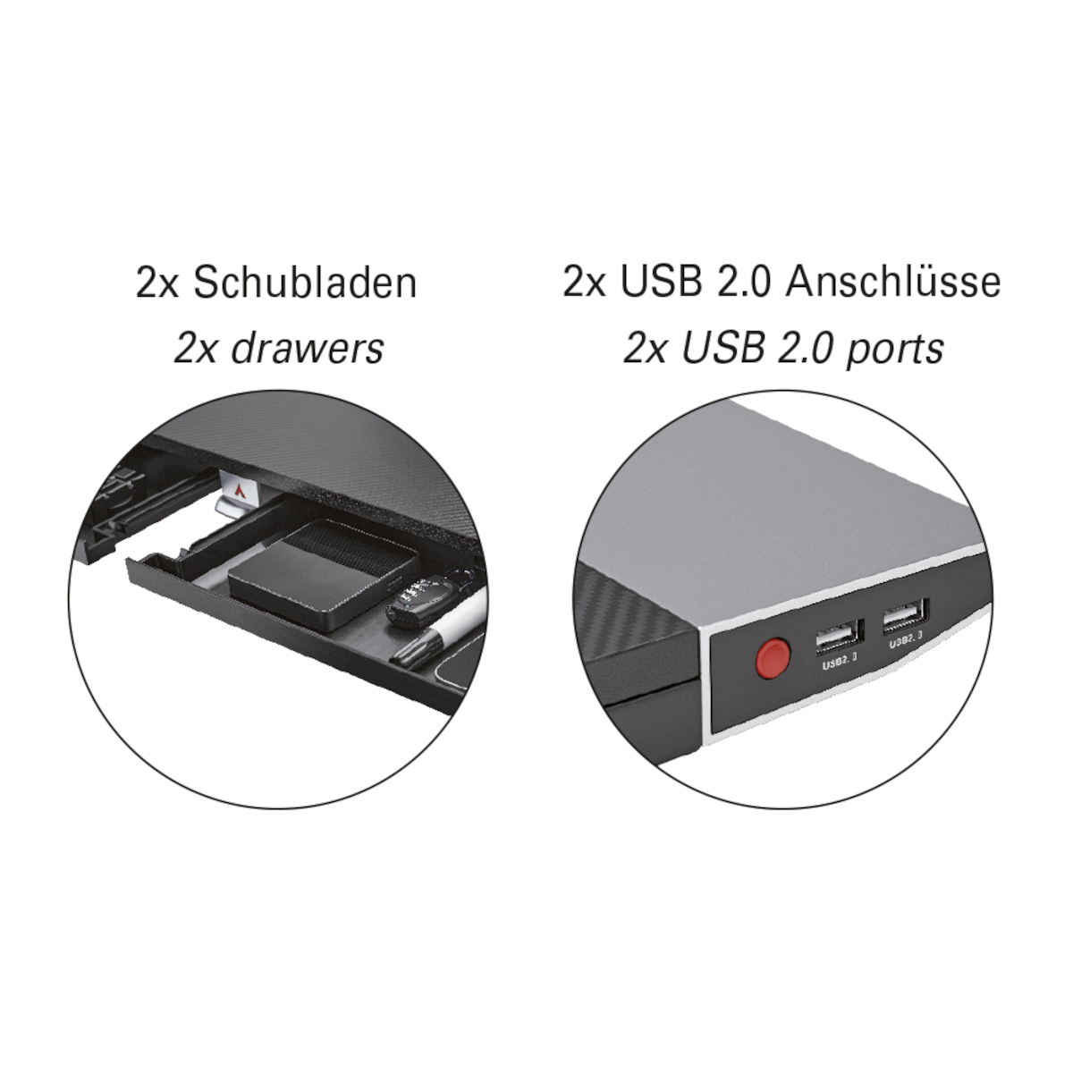 Nahaufnahme eines schwarzen und grauen USB-Hubs mit zwei Schubladen. Deutscher Text zeigt USB 2.0-Anschlüsse und Schubladen.