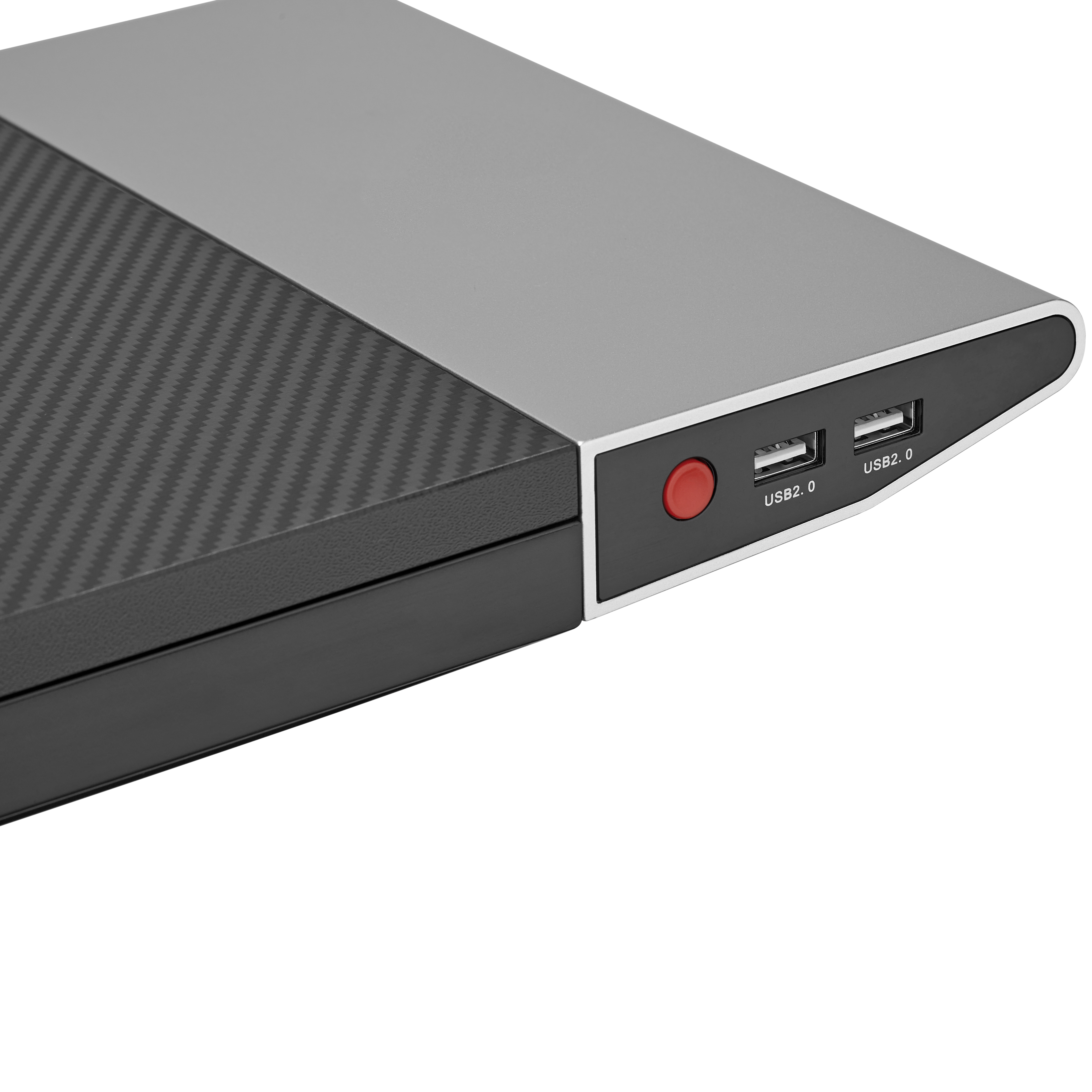 Externe Festplatte. Grau und Schwarz, mit USB-Anschlüssen und rotem Einschaltknopf.