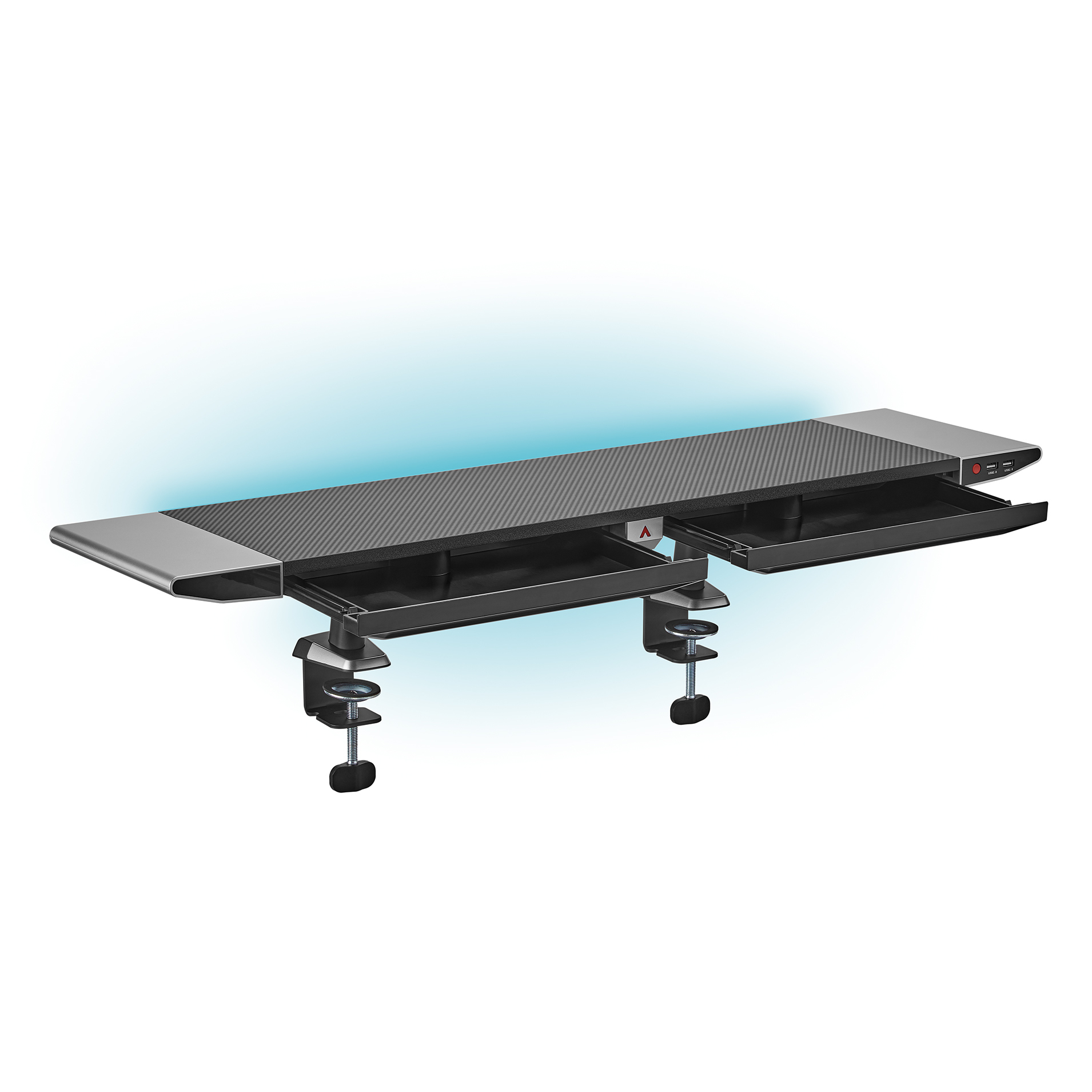 Ein schwarzes Schreibtischregal mit zwei Schubladen und Montageklemmen. Es gibt USB-Anschlüsse.