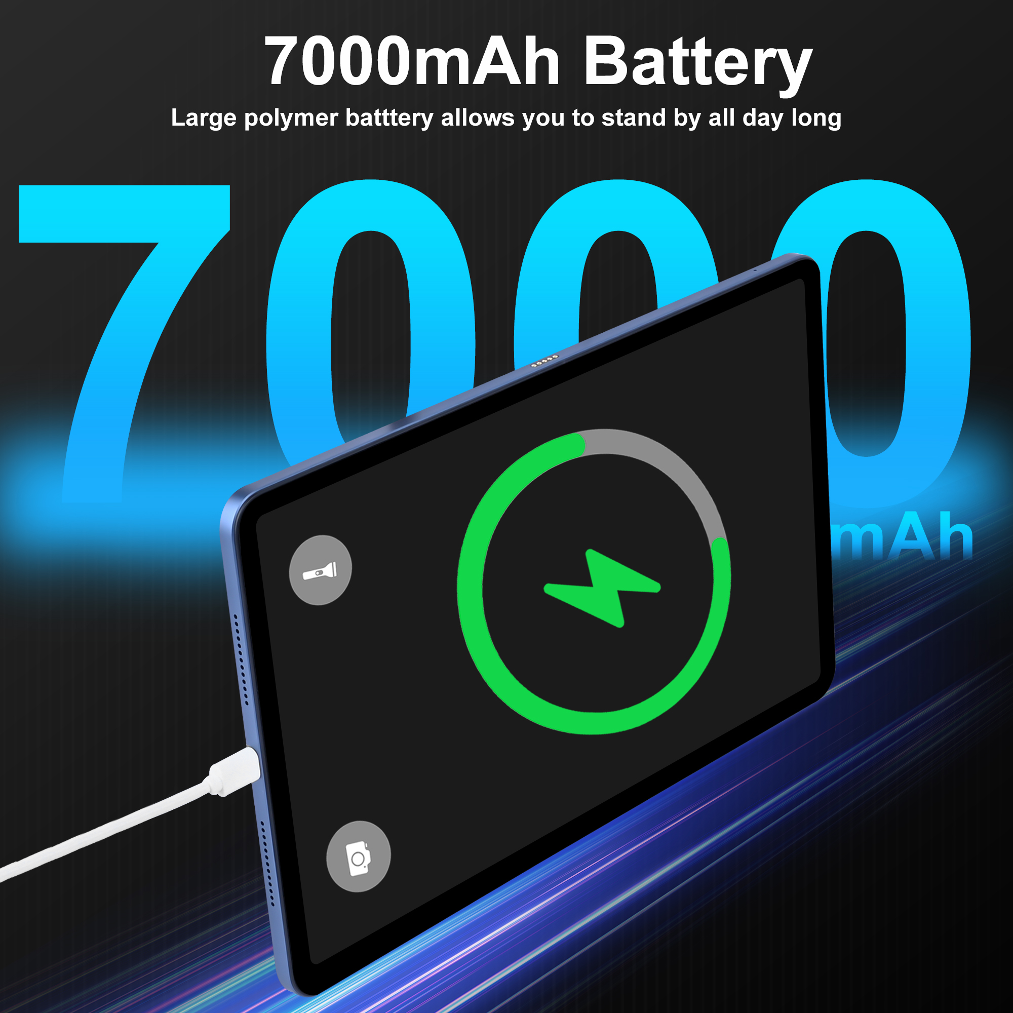 Tablet ze wskaźnikiem ładowania na ekranie i tekstem: Bateria 7000mAh.