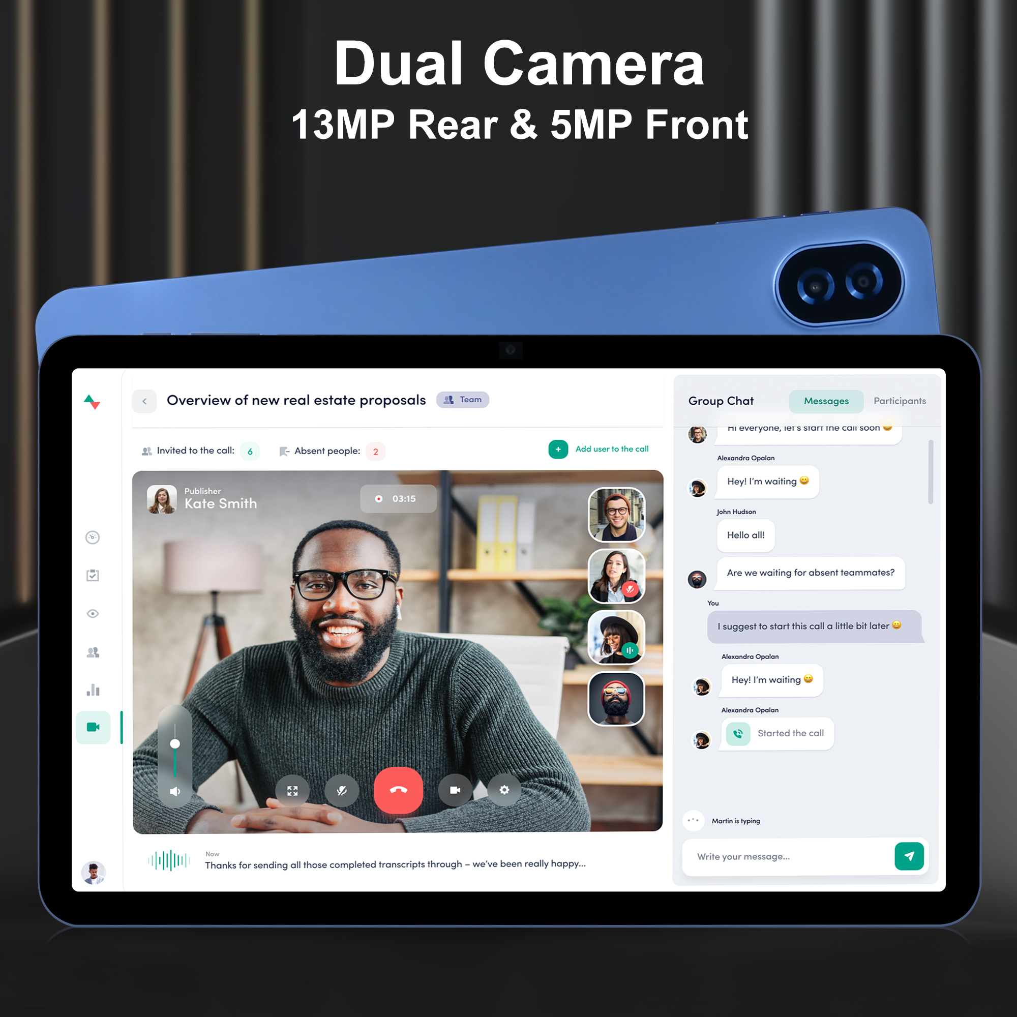 Ekran tabletu pokazujący interfejs rozmowy wideo z czatem grupowym i przeglądem propozycji wideo. Niebieskie etui na tablet.