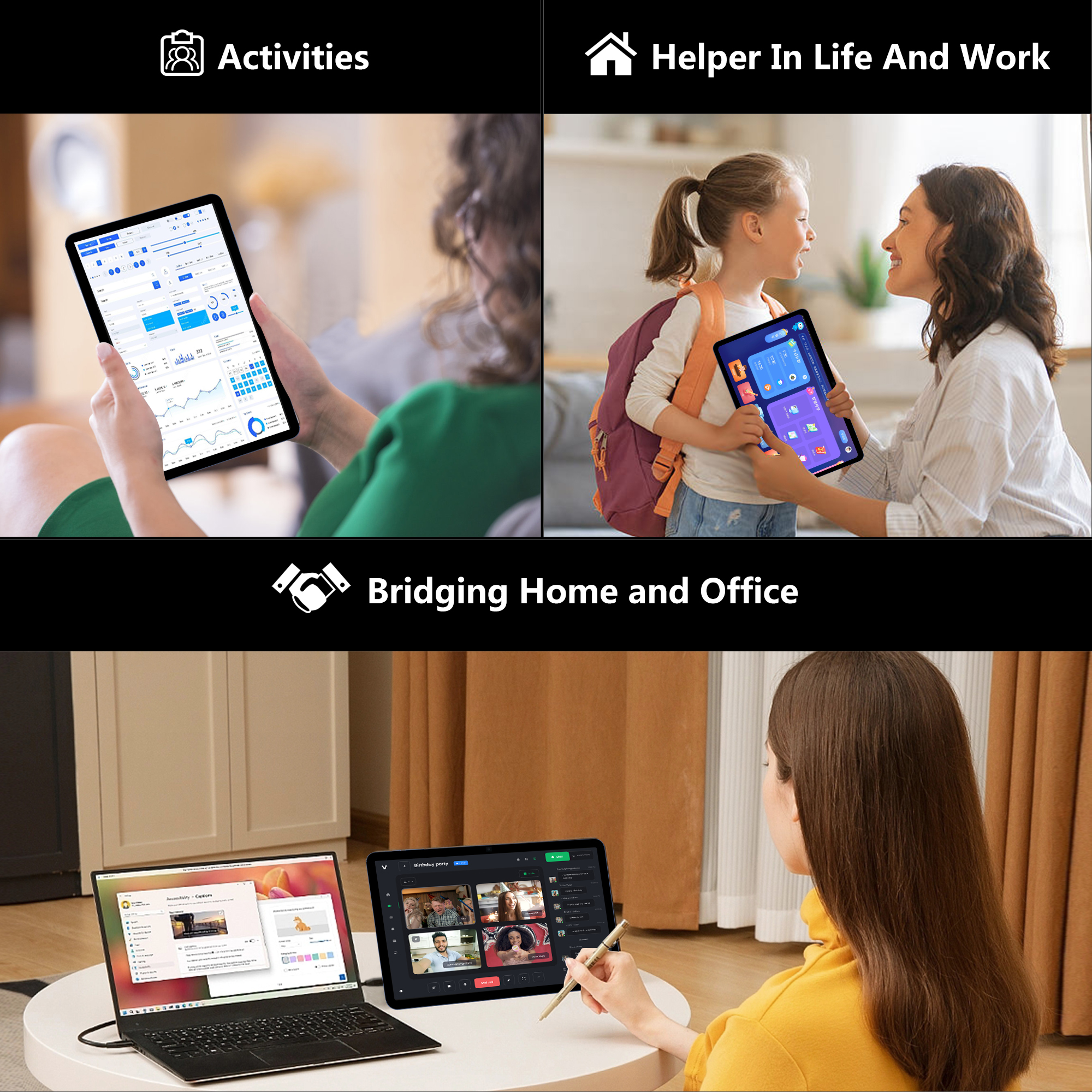 Pokazano aktywności na tablecie. Kobieta i dziecko również używają tabletu.