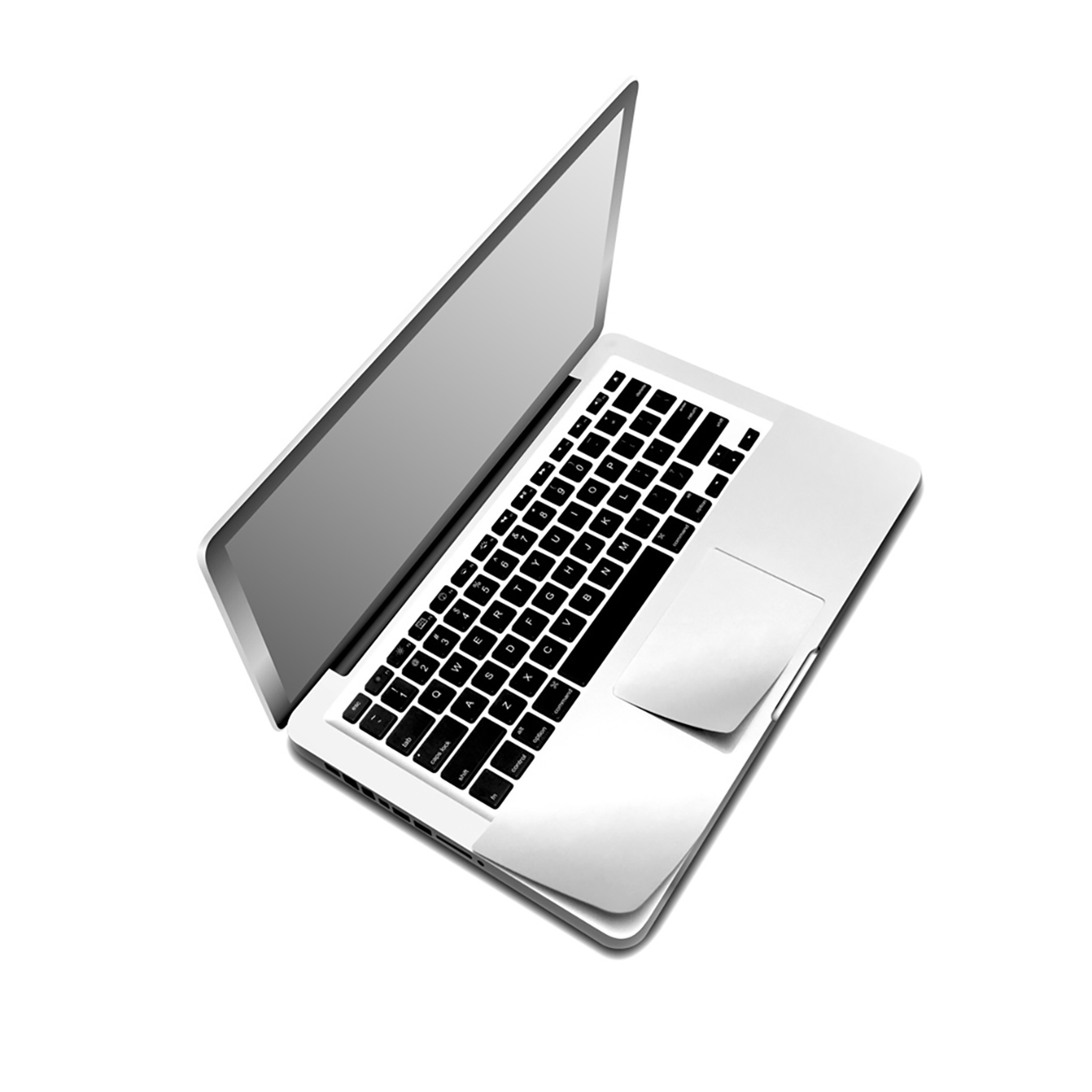 Silberner Laptop mit schwarzer Tastatur, schräg geöffnet auf weißem Hintergrund.