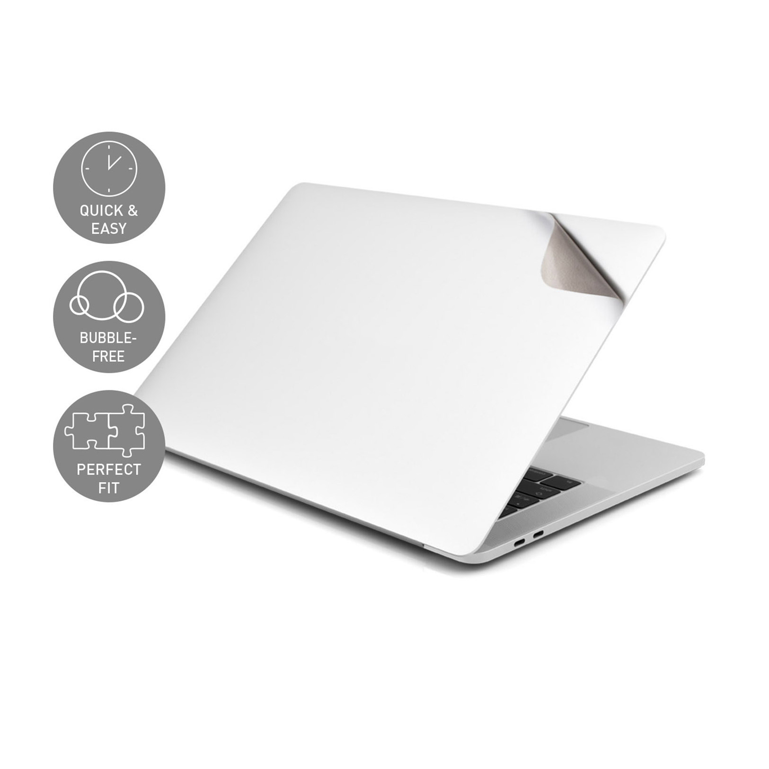 Weißer Laptop-Skin. Ein weißer Laptop-Skin mit Text und Symbolen, Ecke abgezogen.