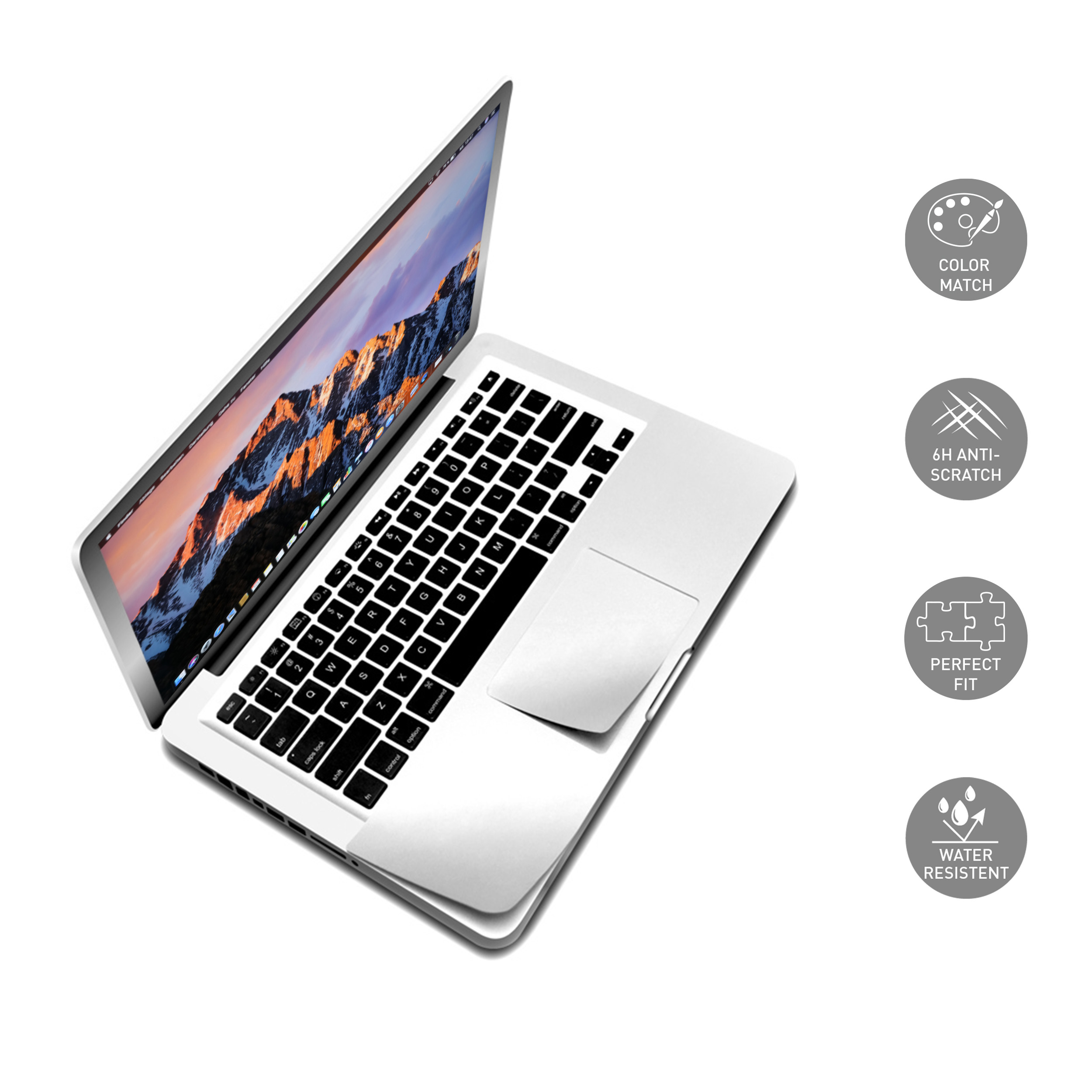 Laptop mit weißer Haut, Icons für Farbabgleich, Kratzschutz, perfekte Passform und wasserdicht.