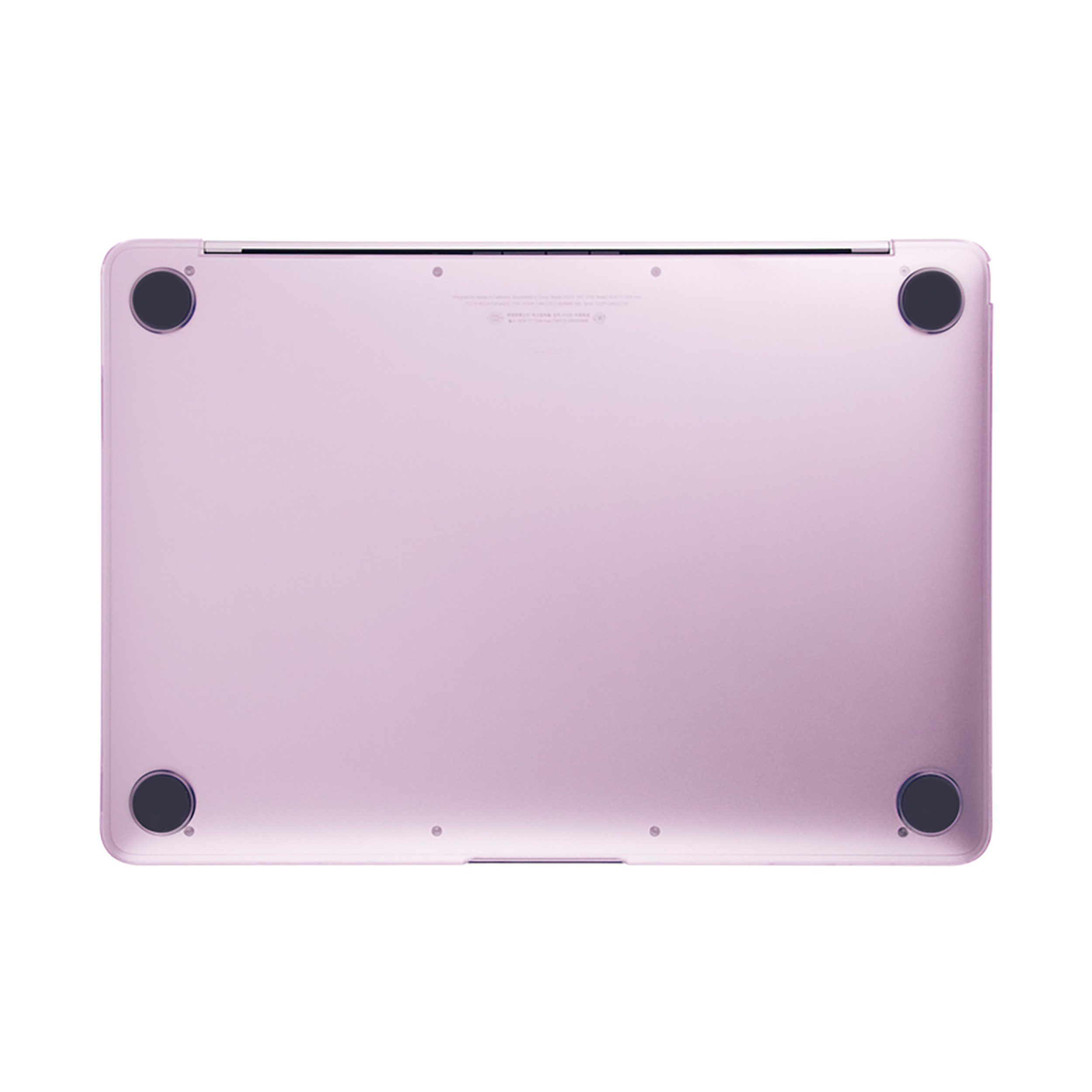 Rosa Laptop-Unterseite, Unteransicht. Vier schwarze Gummifüße sind sichtbar. Die Oberfläche ist glänzend.