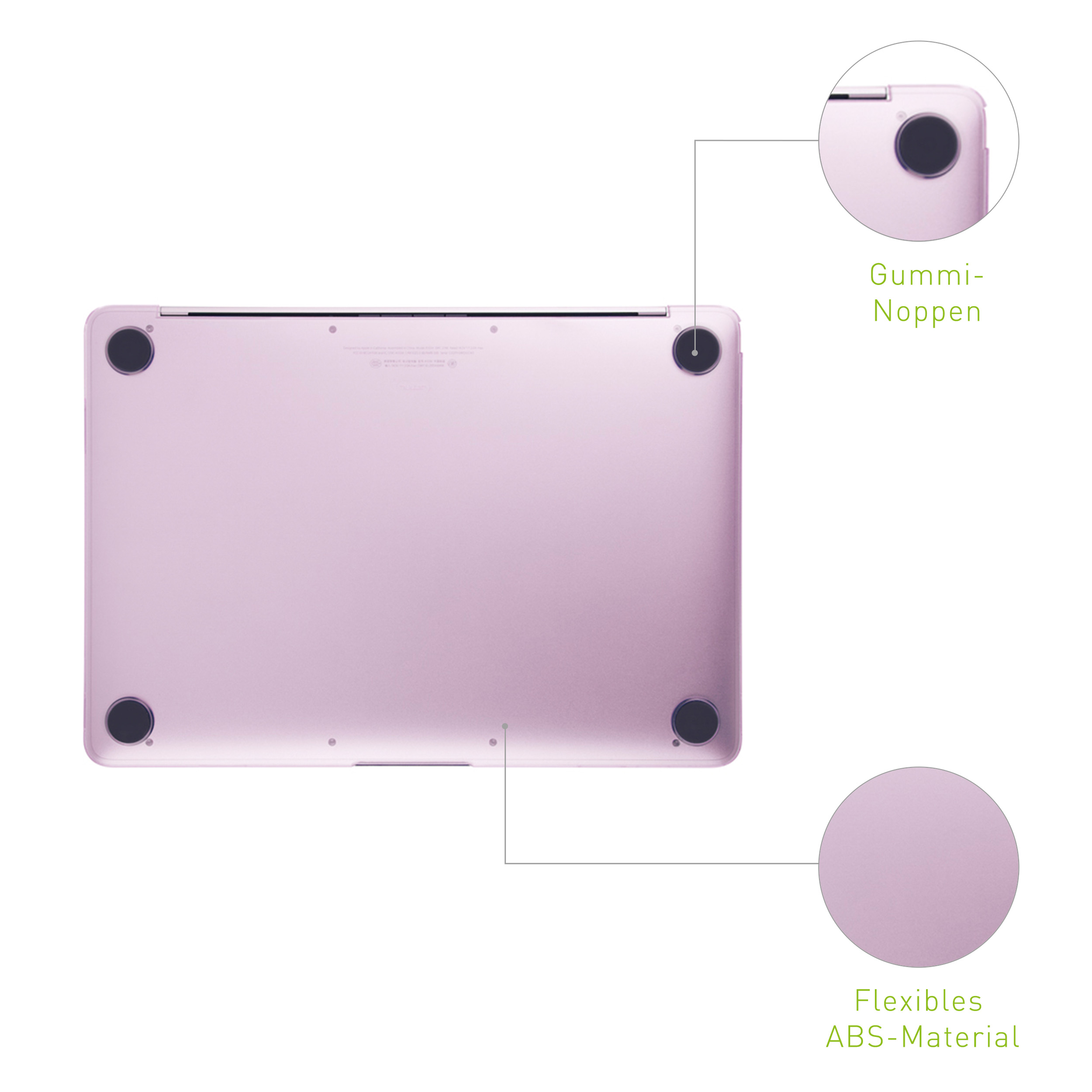 Rosafarbener Laptop-Boden mit schwarzen Gummifüßen. Zeigt flexibles ABS-Material.