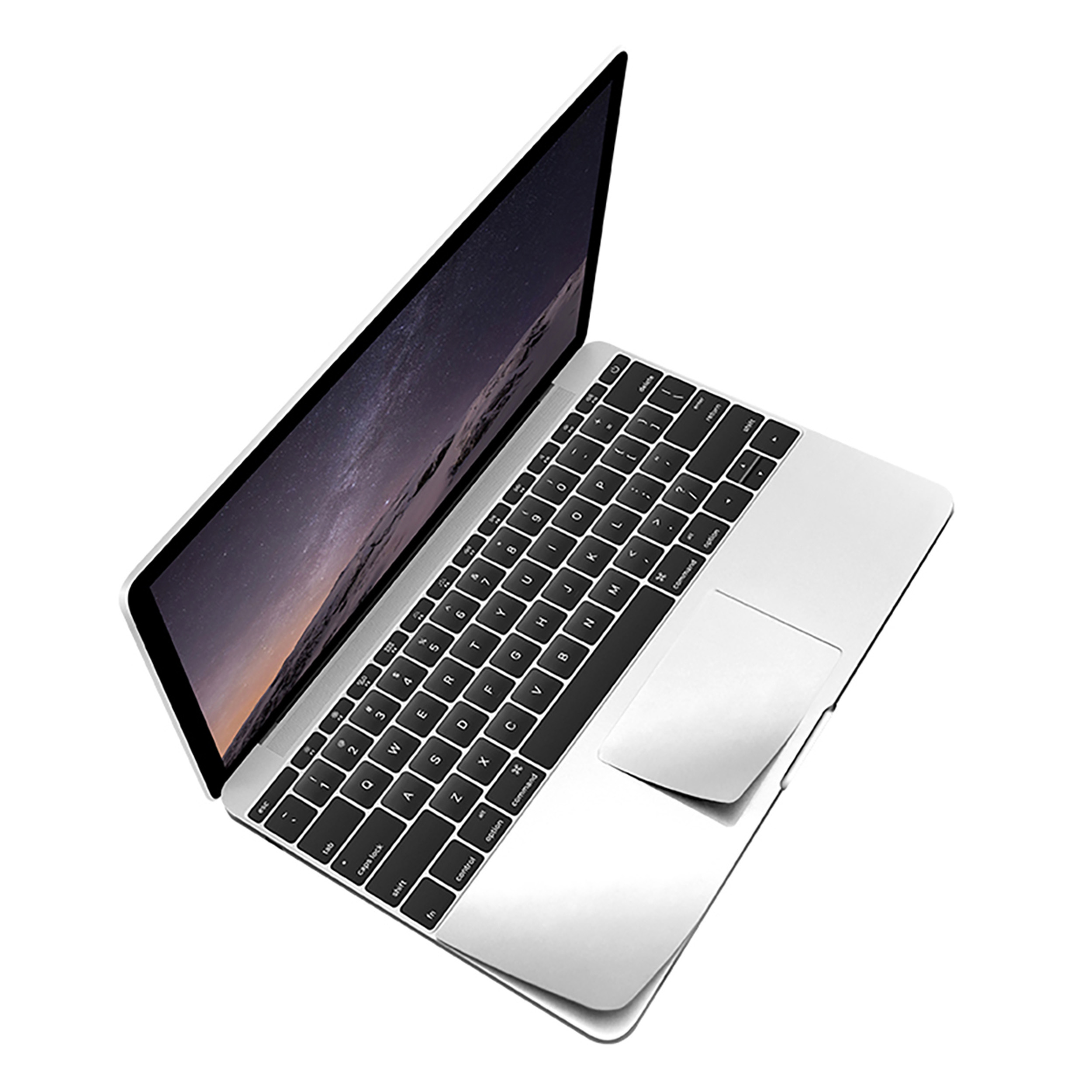 Silberner Laptop auf Weiß. Bildschirm zeigt Nachthimmel. Schwarze Tastatur.