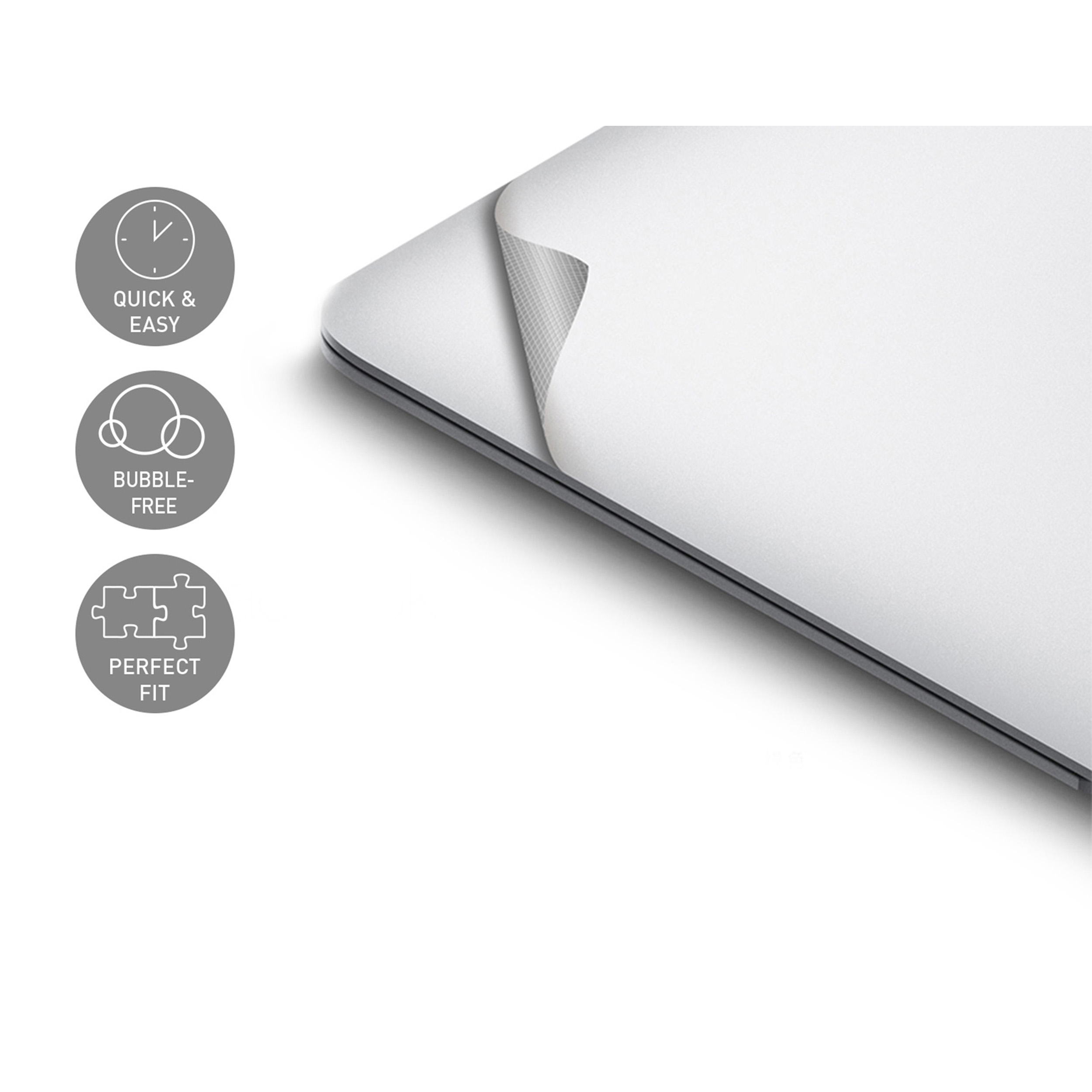 Laptop-Haut mit weißer Oberfläche. Symbole für Funktionen. Der Laptop ist geöffnet.