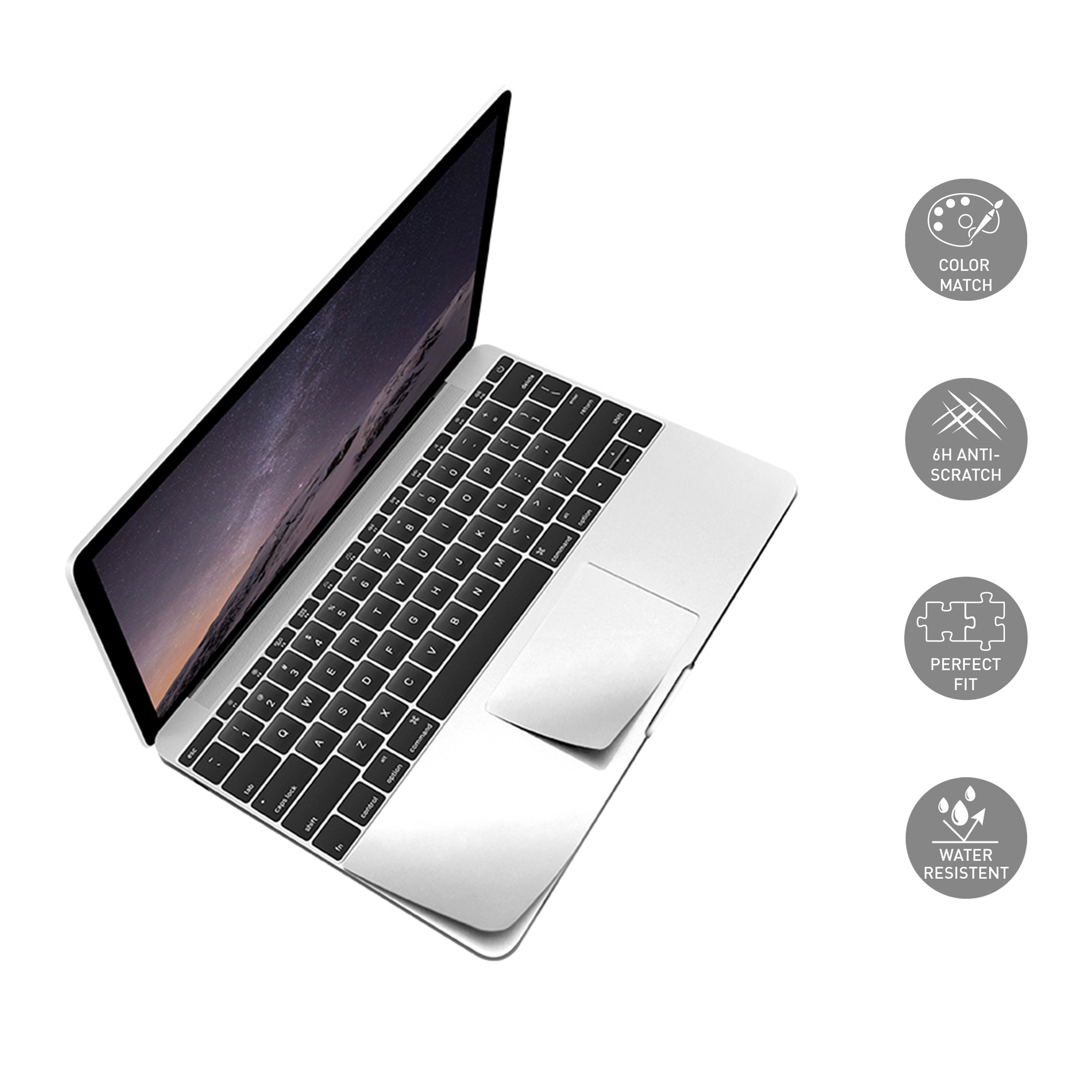 Laptop offen mit Tastatur und Bildschirm, mit Funktionssymbolen.