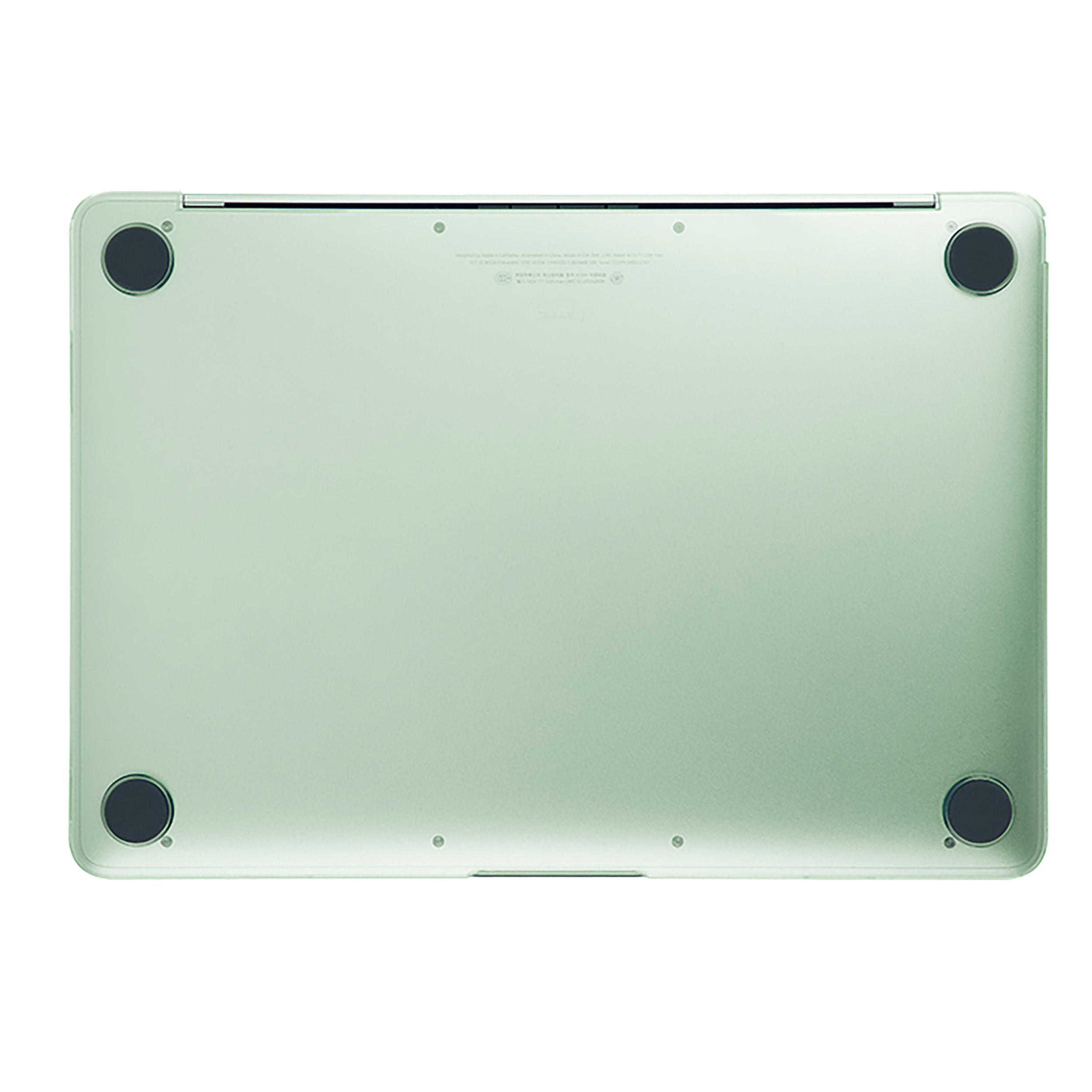 Die Unterseite eines mintgrünen Laptops mit vier schwarzen Gummifüßen.