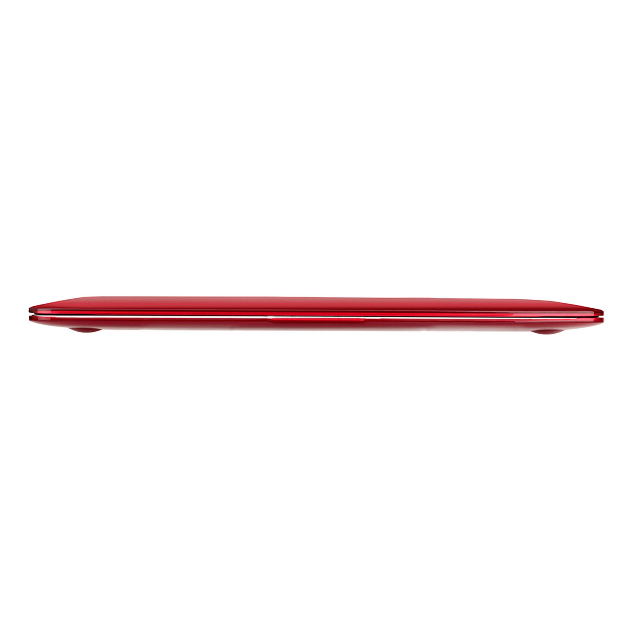 Seitenansicht eines roten Laptops. Der Laptop ist geschlossen und hat ein schlankes Design.