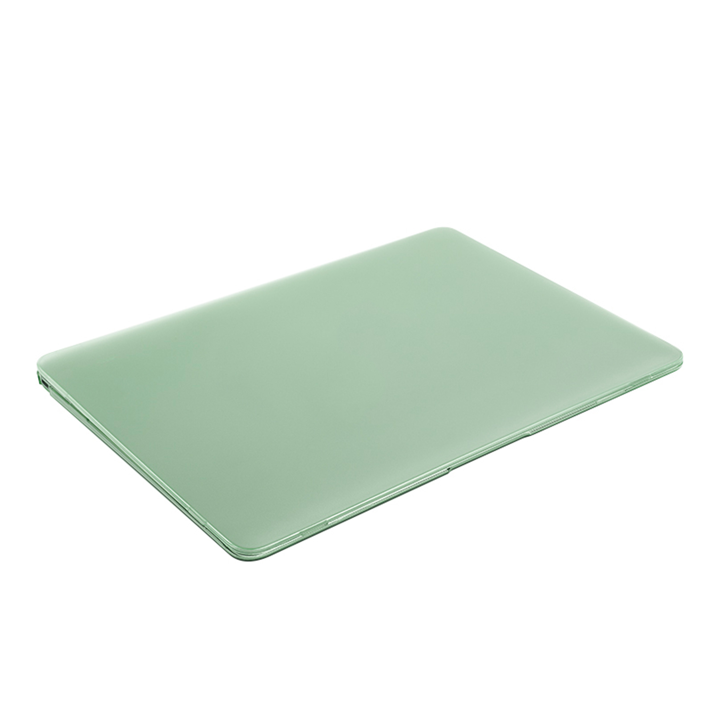 Ein geschlossener mintfarbener Laptop.
