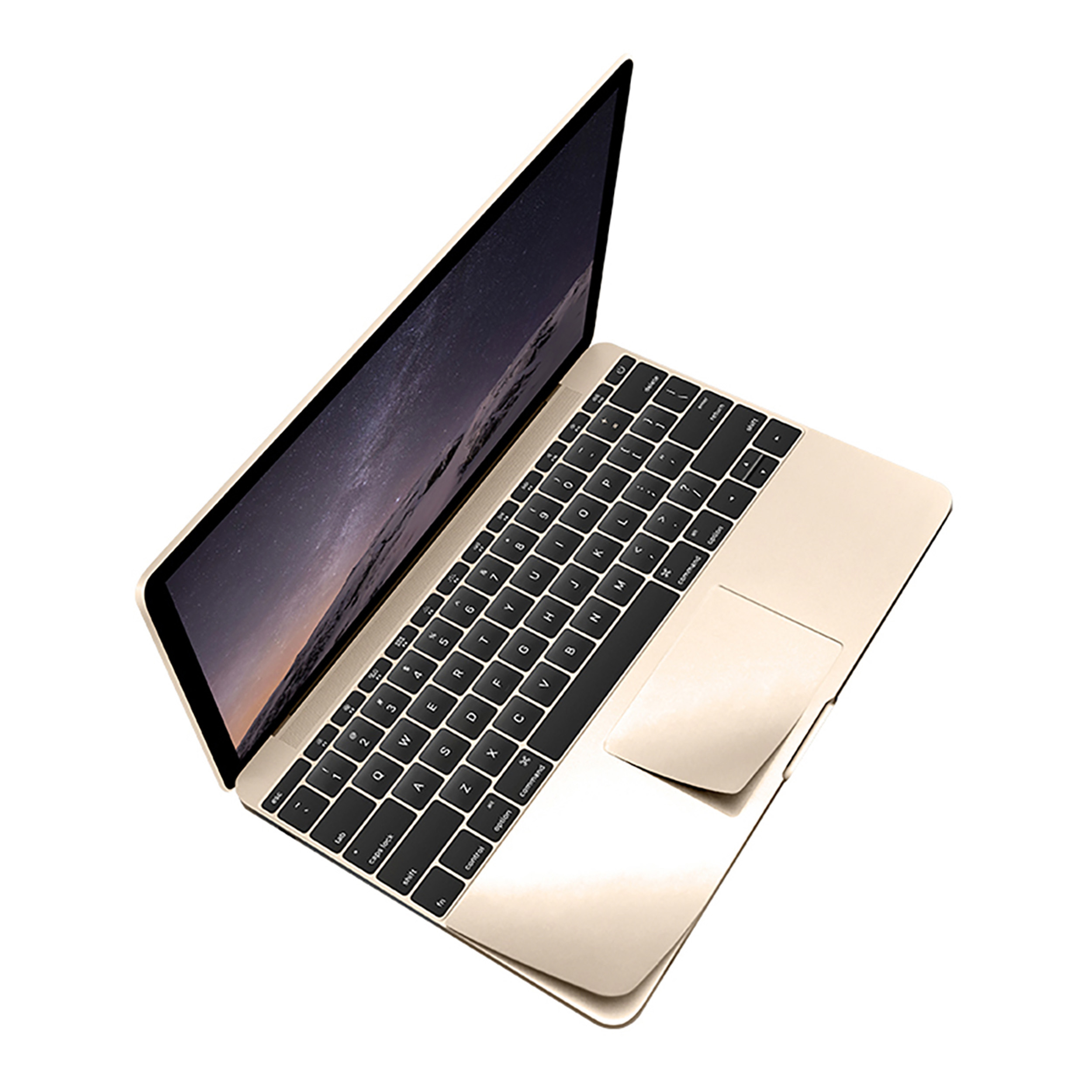 Goldener Laptop auf weißem Hintergrund. Tastatur und Bildschirm sind sichtbar. Der Bildschirm zeigt einen Sternenhimmel.