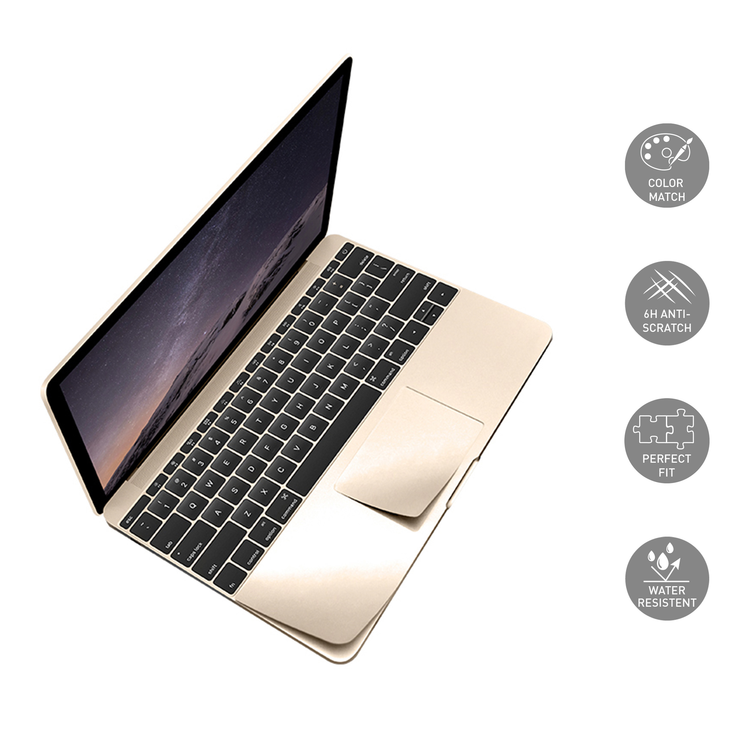 Ein Laptop mit goldenem Gehäuse. Der Bildschirm zeigt einen Sternenhimmel. Symbole rechts.