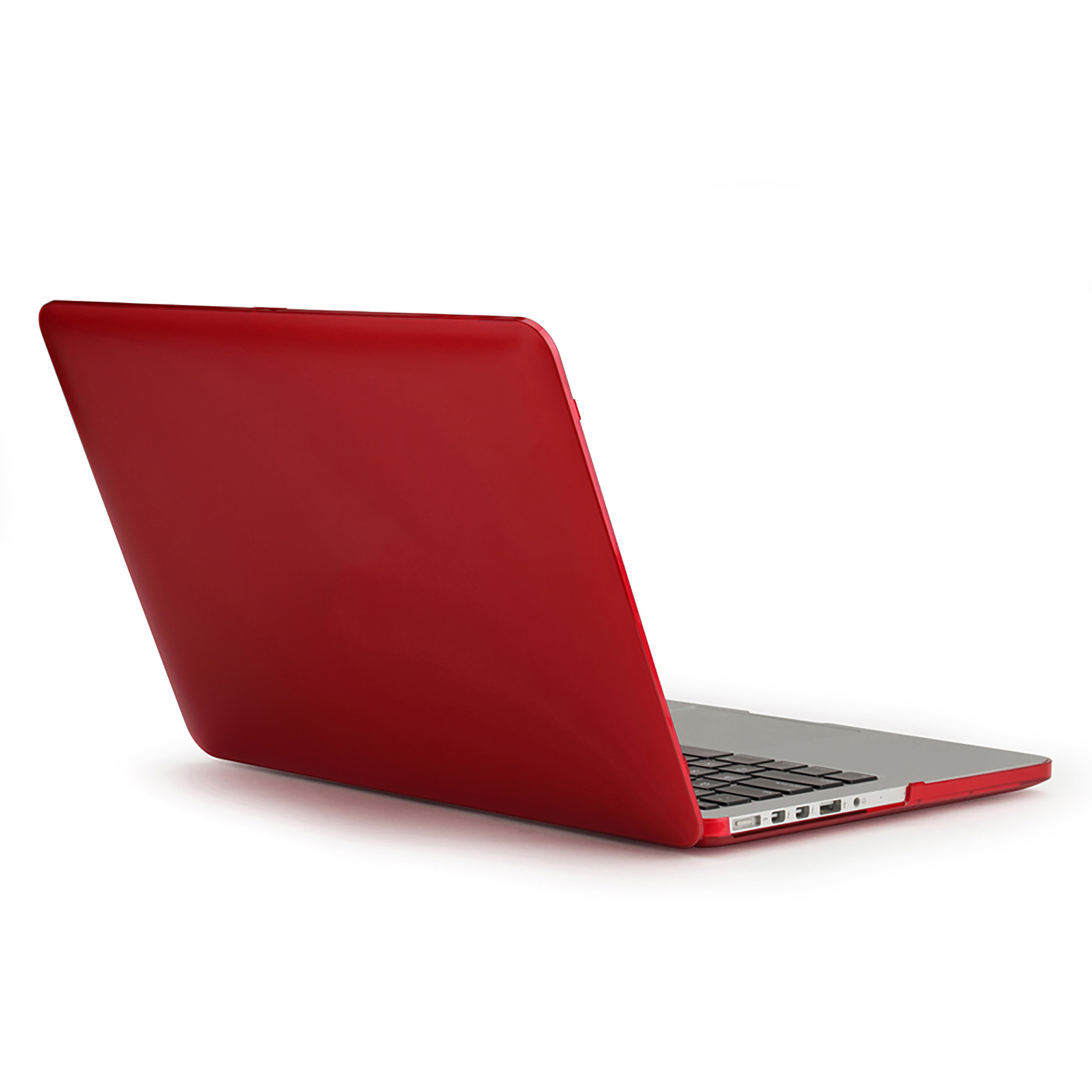 Rote Laptop-Hülle, teilweise geöffnet, auf weißem Untergrund.