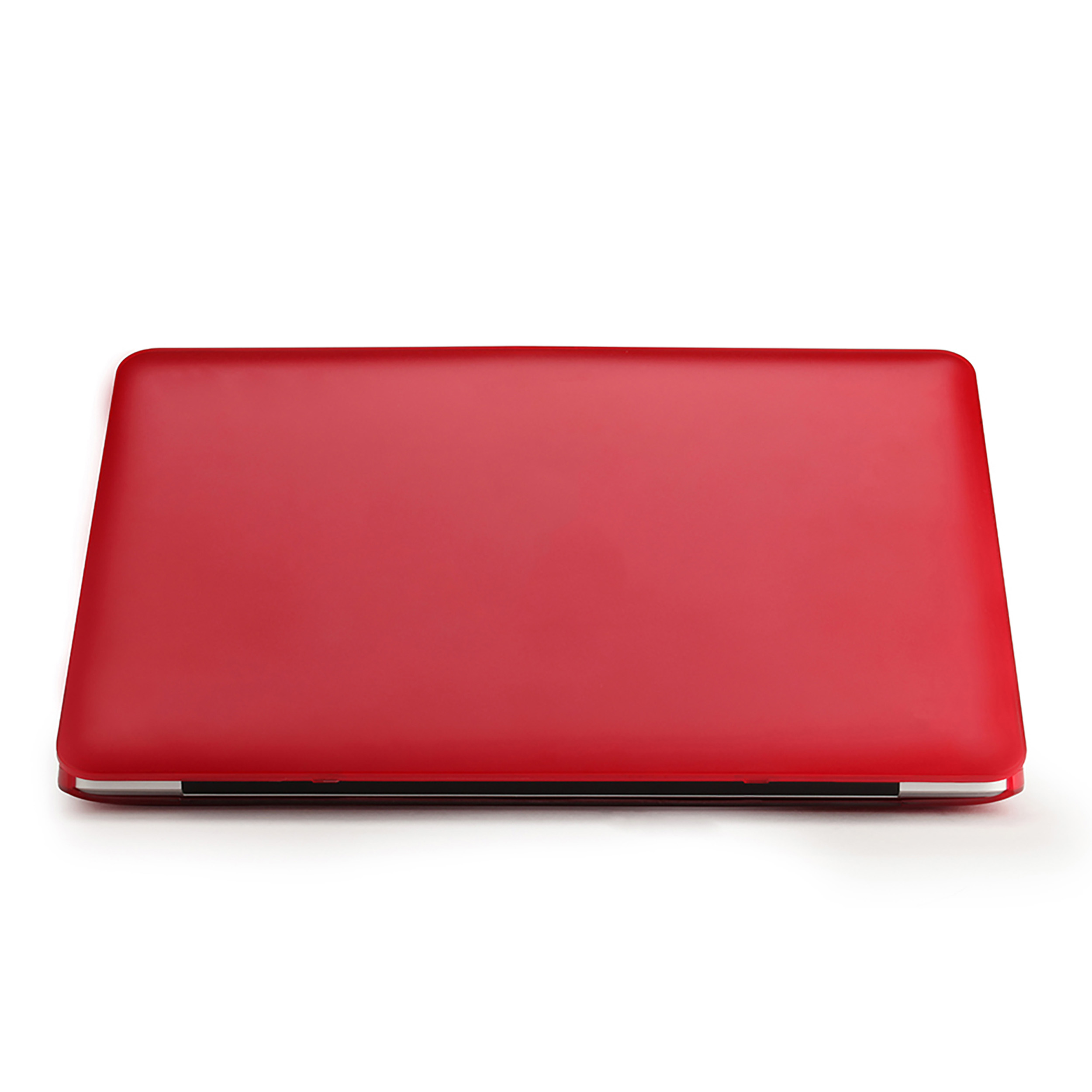 Ein roter Laptop, geschlossen auf einer weißen Oberfläche, von oben gesehen.