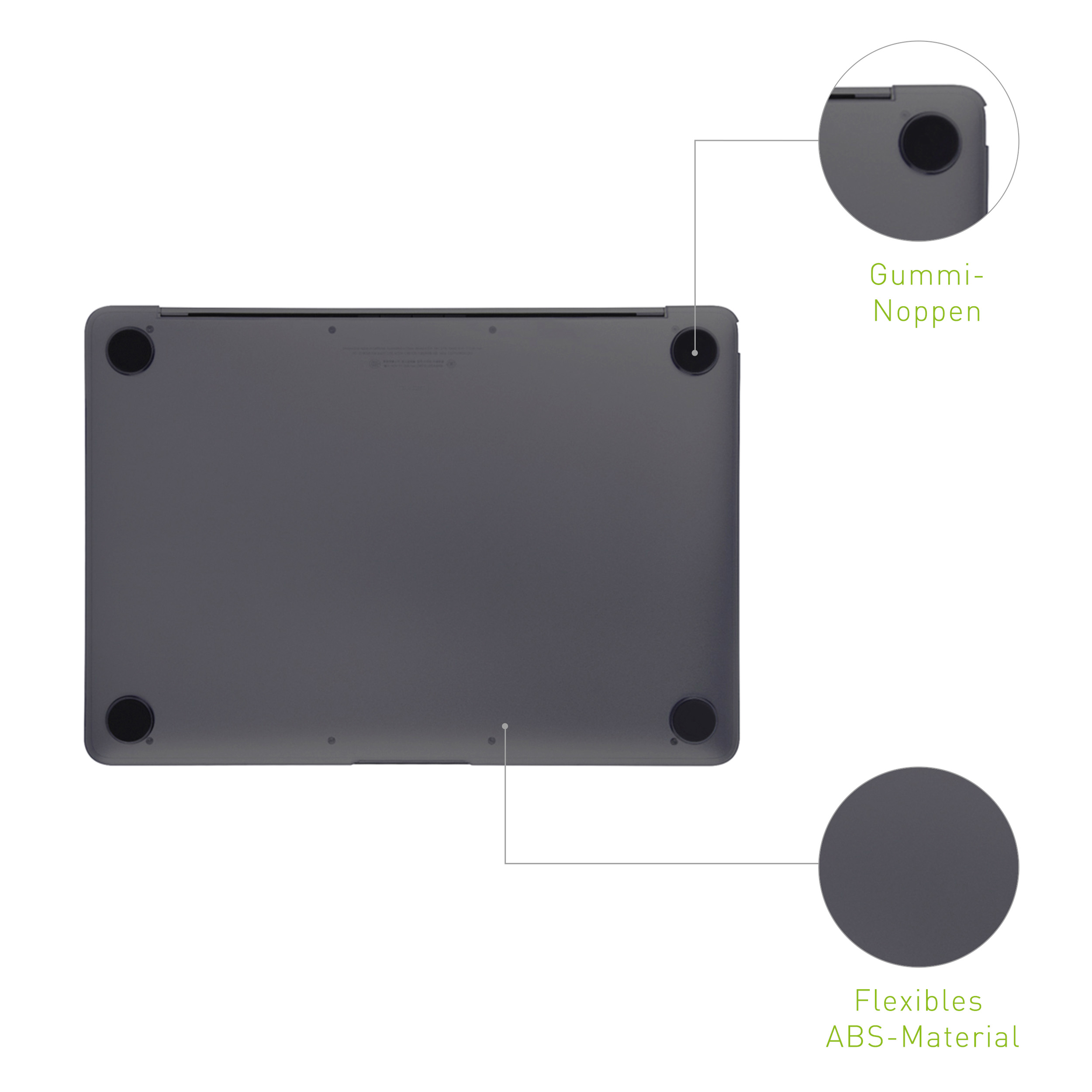 Laptop-Unterseite mit Gummifüßen und ABS-Materialdetails, mit Beschriftungen.