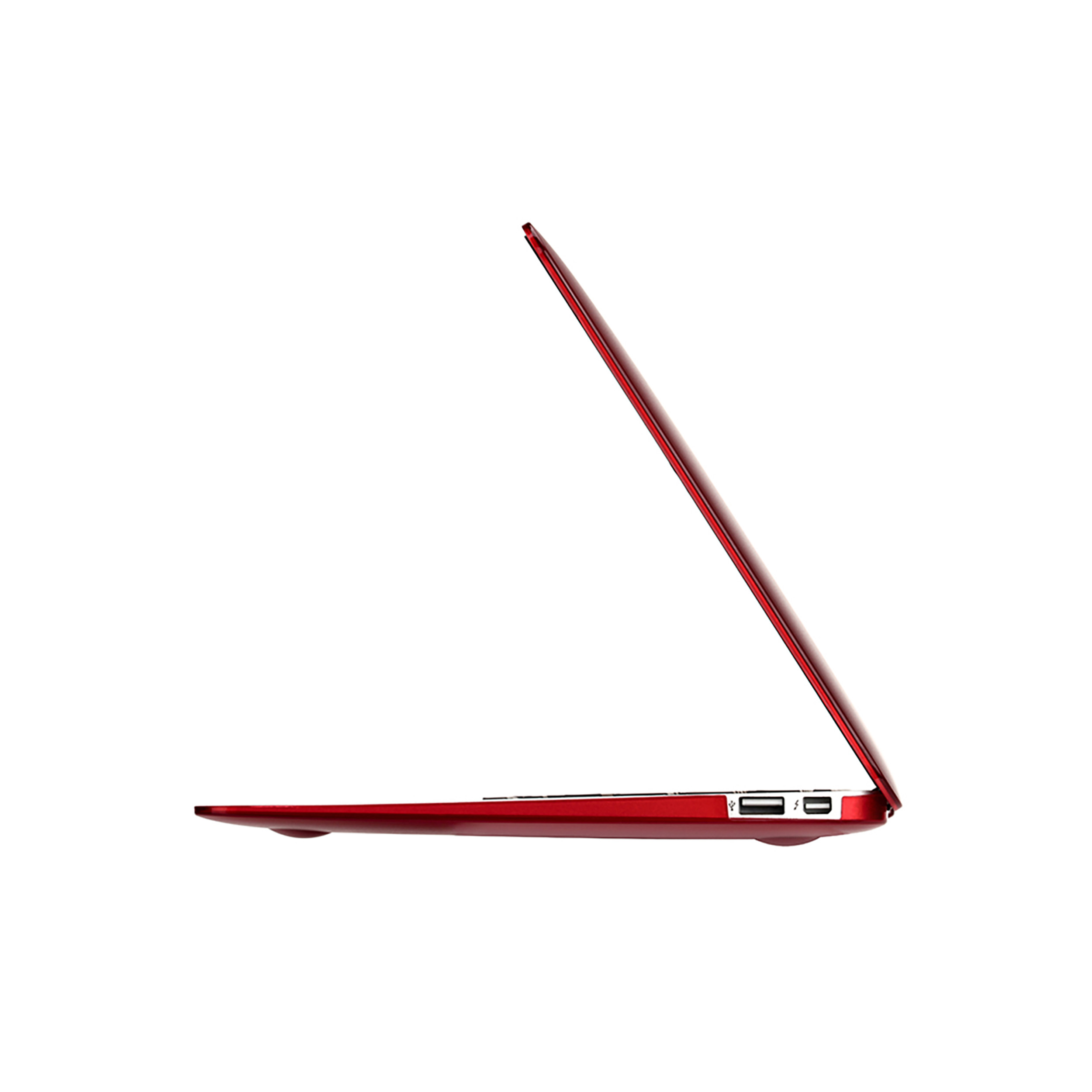 Ein roter Laptop auf weißem Hintergrund, von der Seite gesehen.