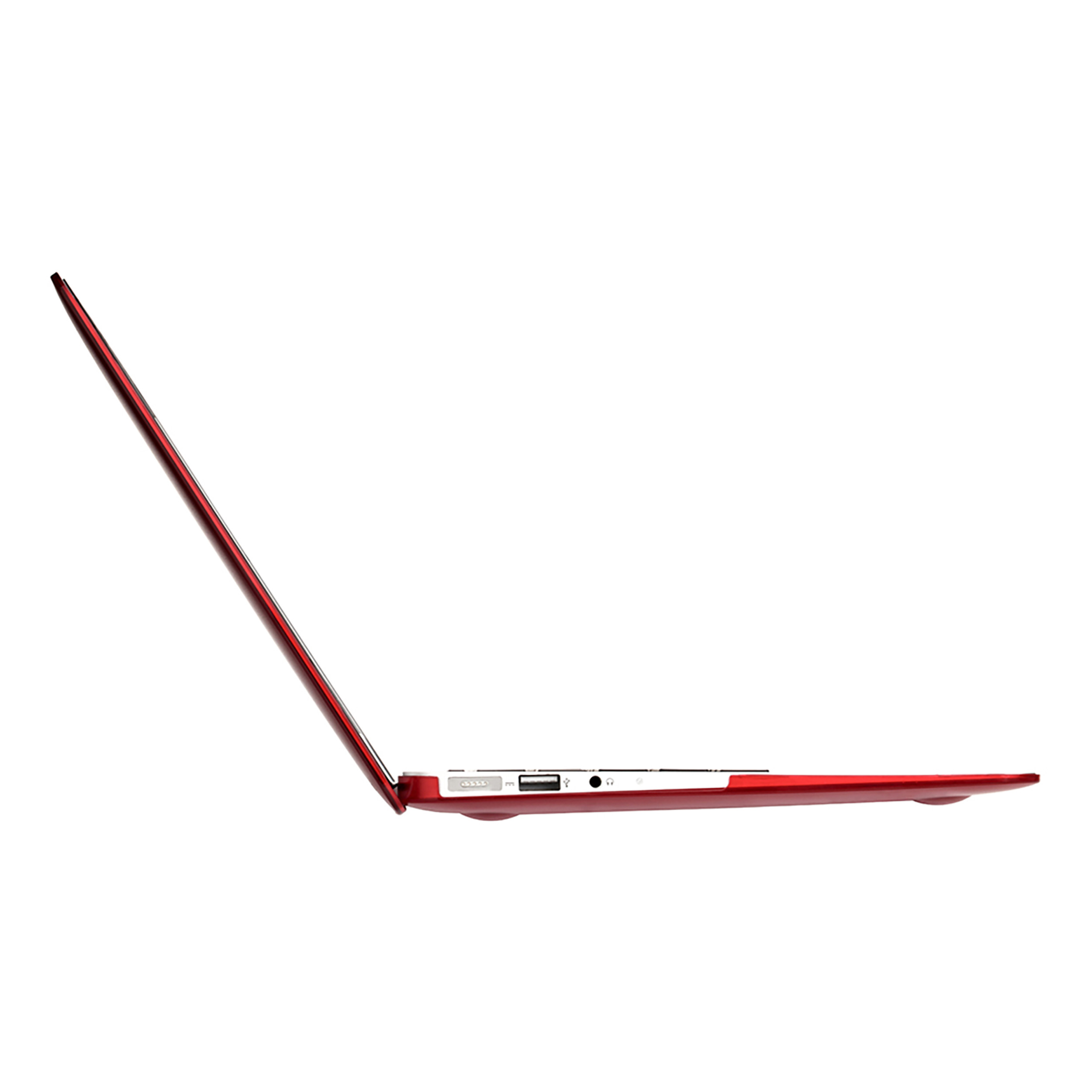 Ein roter Laptop, von der Seite betrachtet, ist leicht geöffnet. Er steht auf einer weißen Oberfläche.