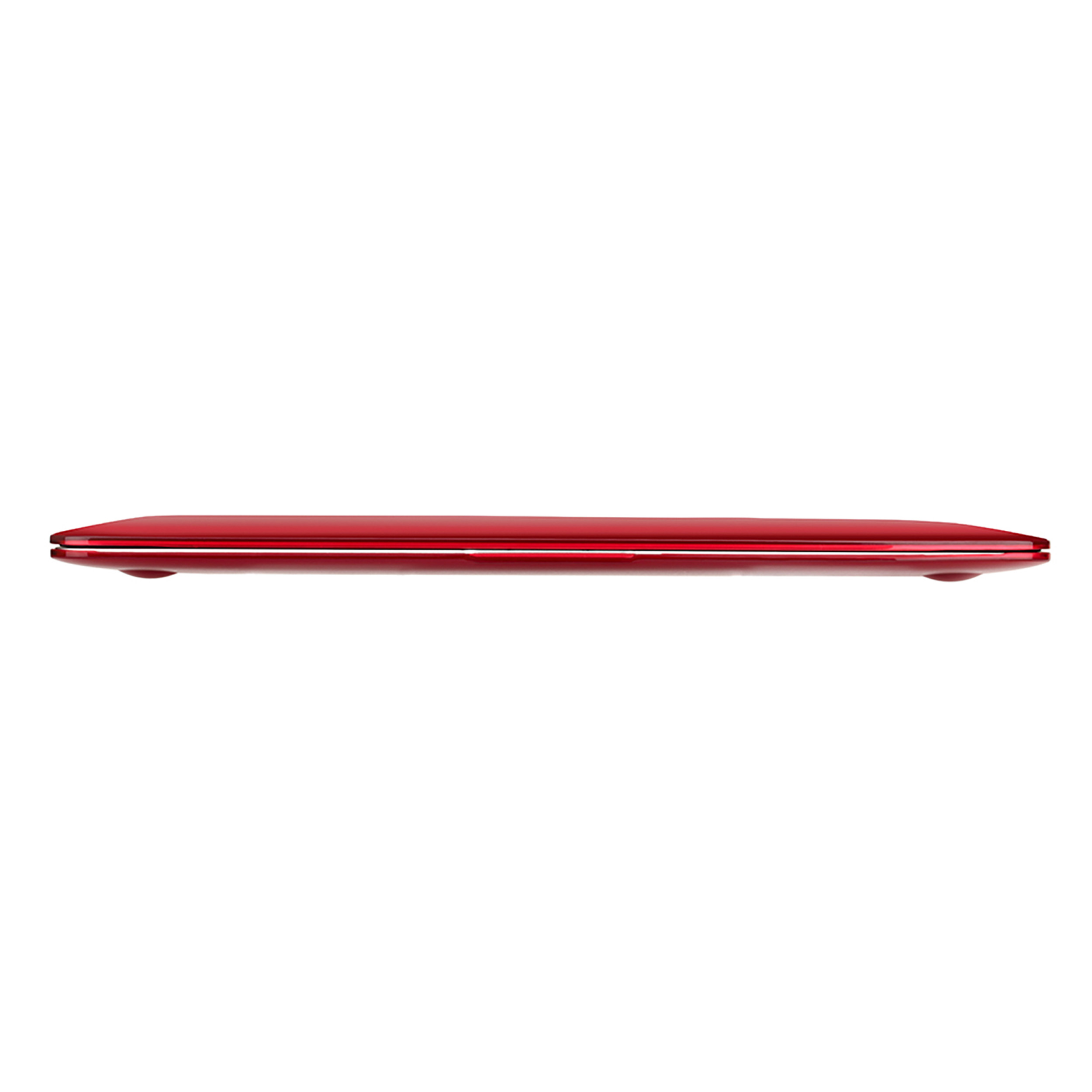 Roter, geschlossener Laptop auf weißem Hintergrund, Seitenansicht.