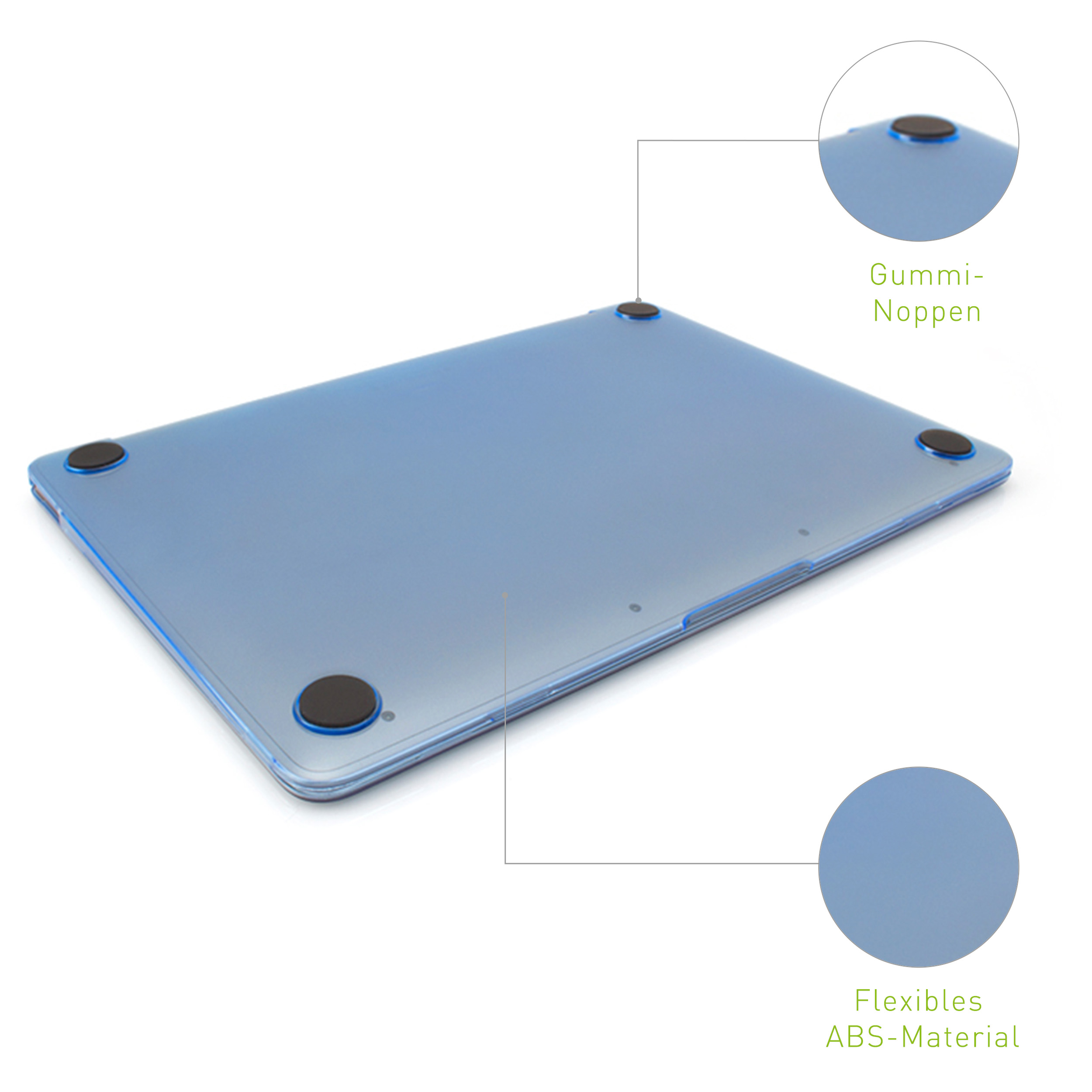 Unteransicht einer blauen Laptop-Hülle. Es hat schwarze Gummifüße und durchscheinendes ABS-Material.