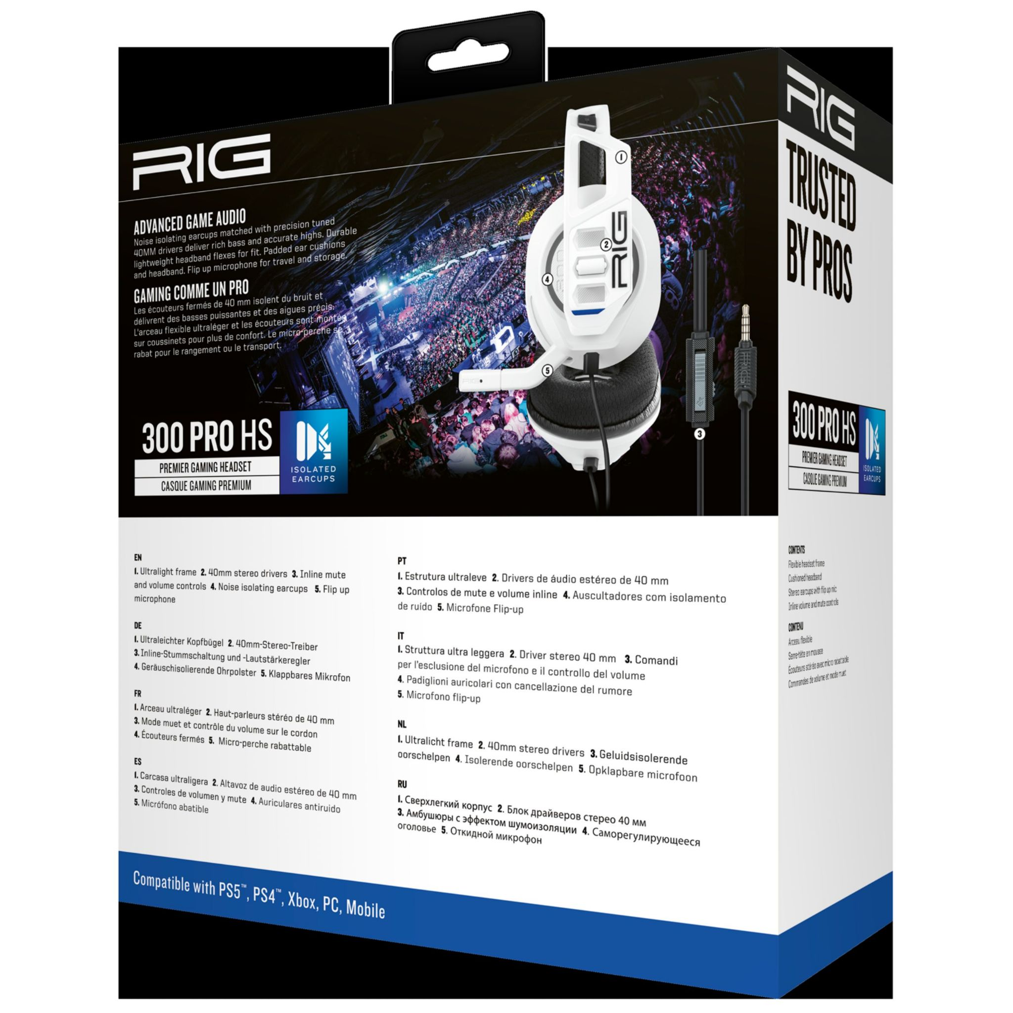 Biały zestaw słuchawkowy dla graczy z mikrofonem, opis produktu i szczegóły funkcji.