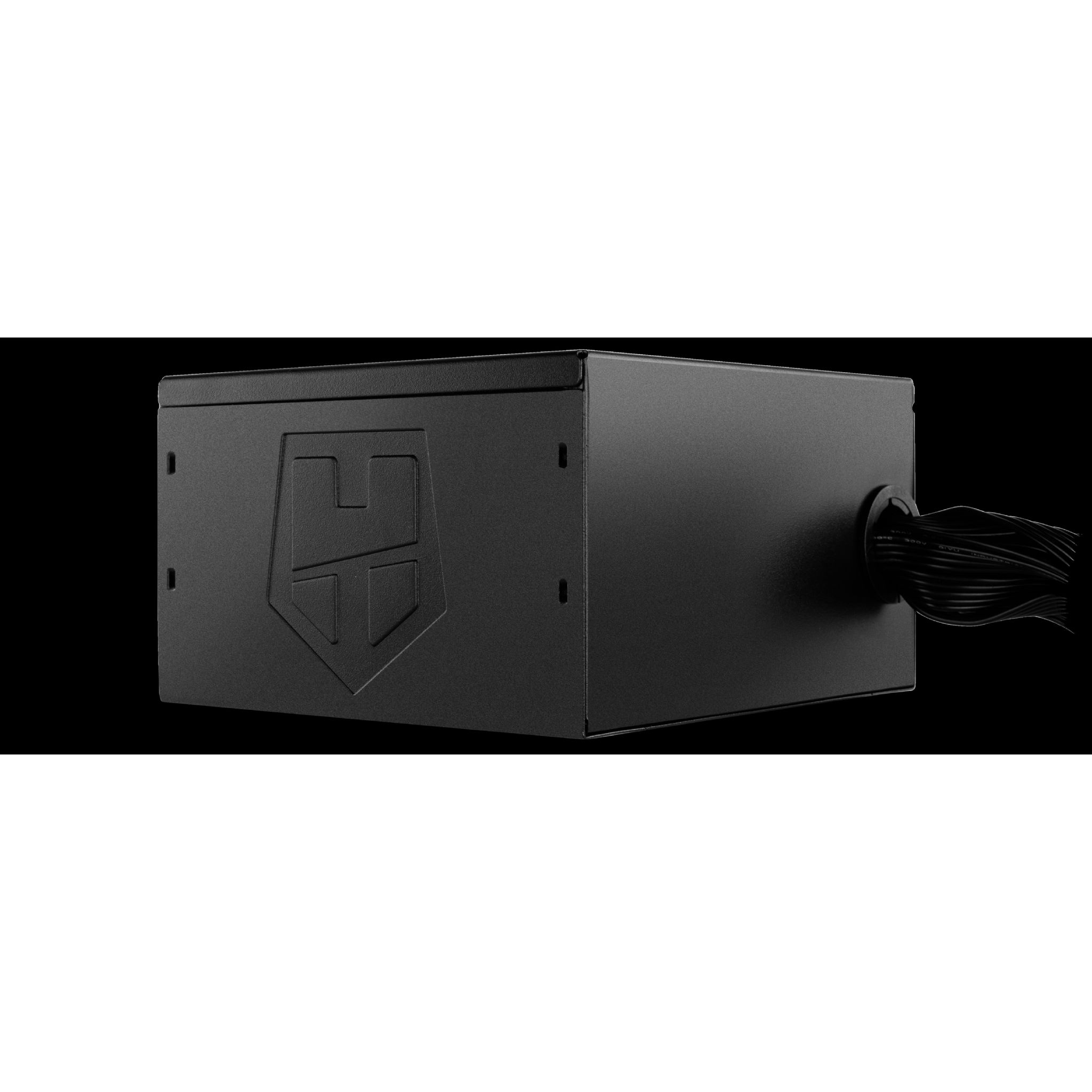 Czarny zasilacz komputerowy z logo na czarnym tle.