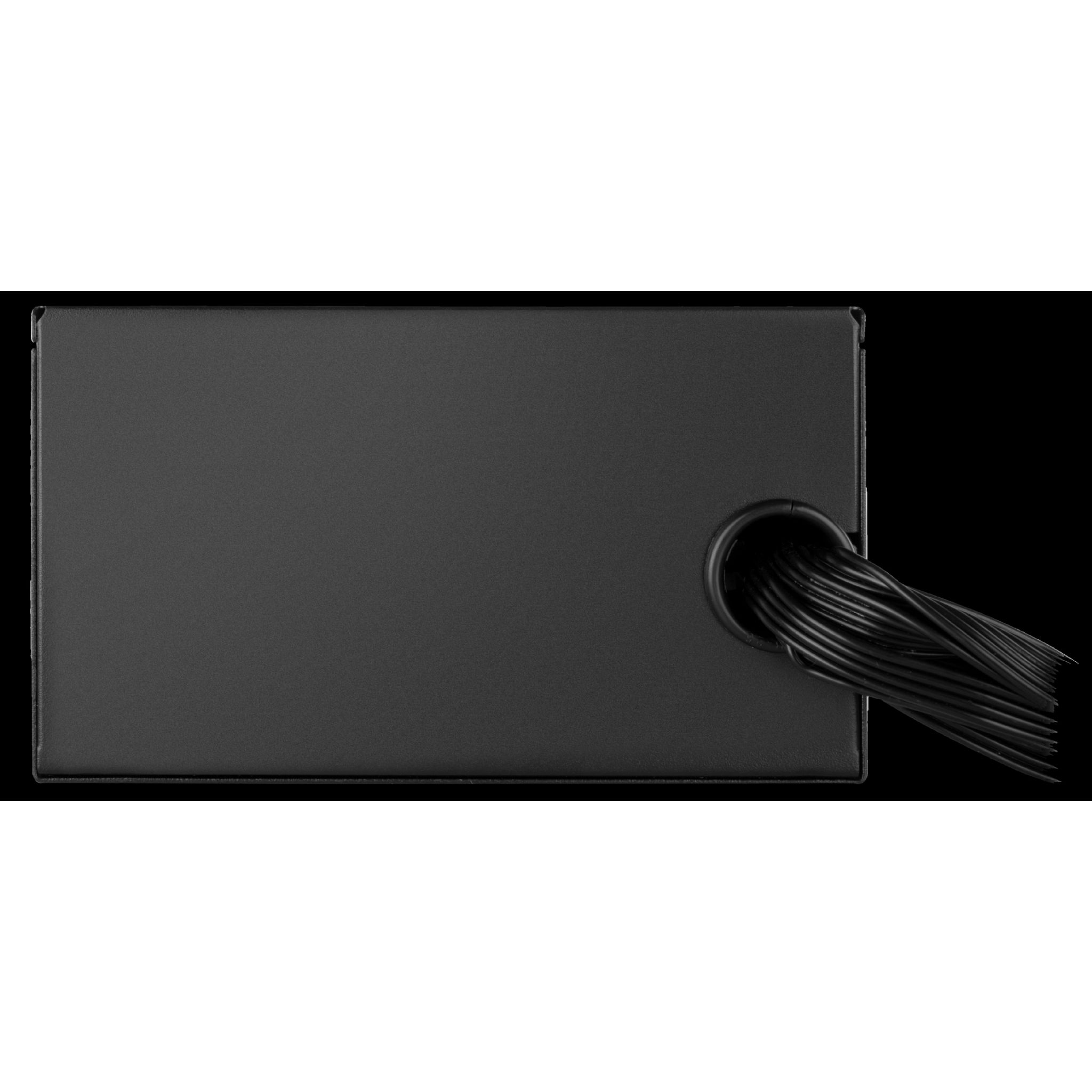 Czarny prostokątny element z kablami wychodzącymi z okrągłego otworu. Czarne tło.