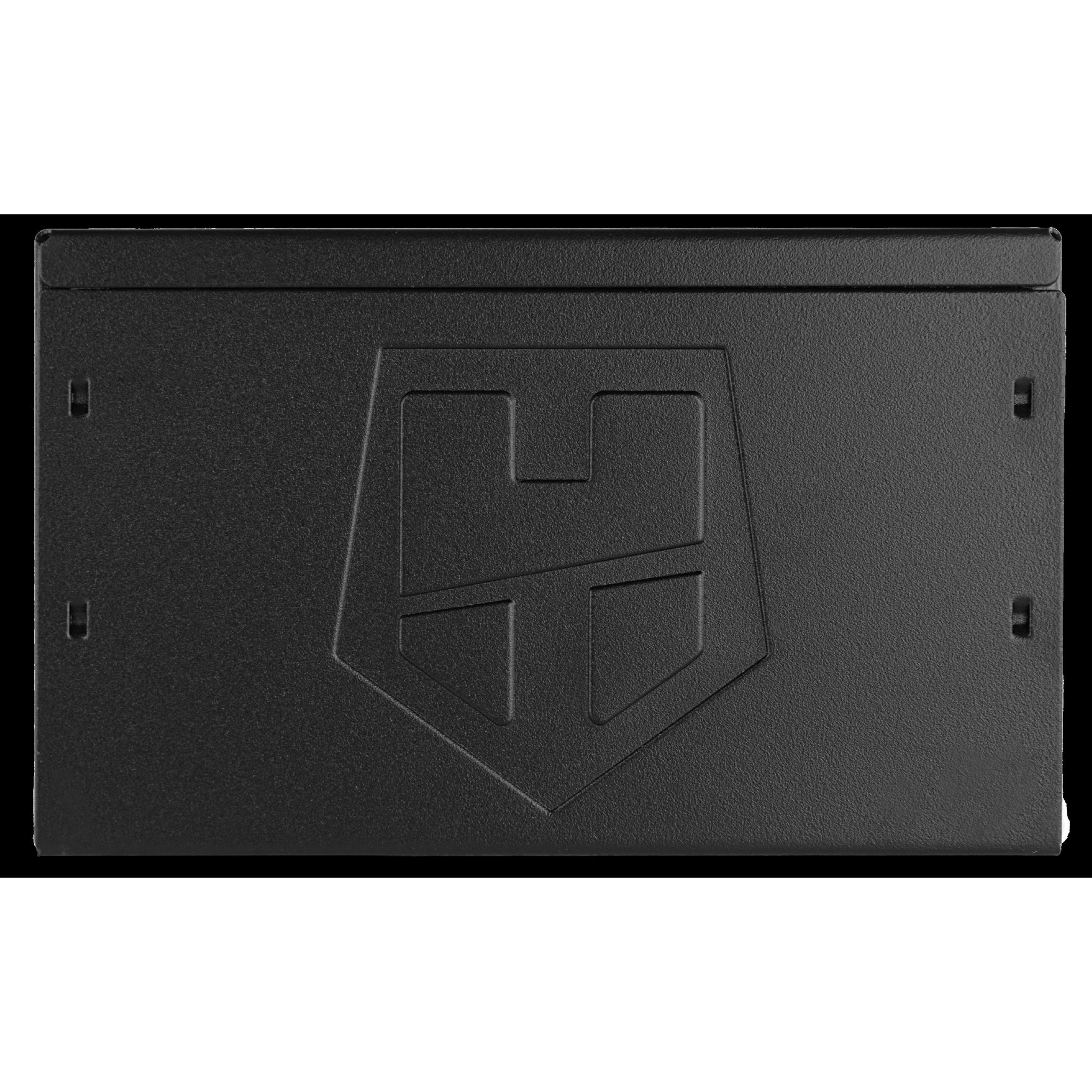 Czarny zasilacz do komputera z literą H w kształcie tarczy z przodu. Białe tło.