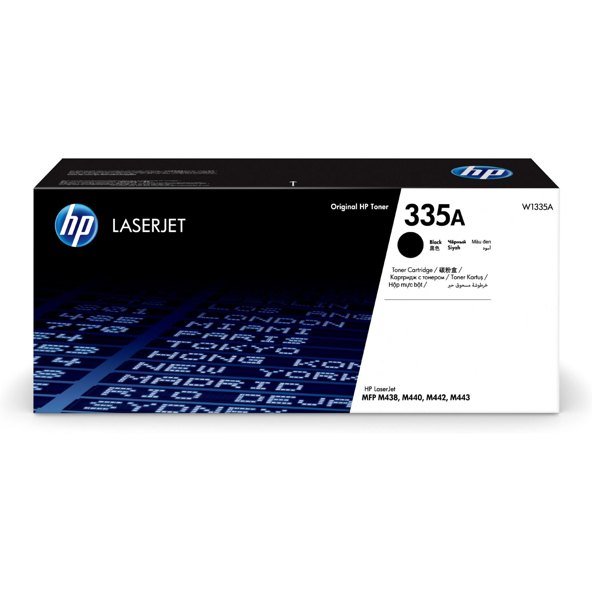 Pudełko z tonerem HP LaserJet 335A. Czarny toner. Białe tło. Tekst w wielu językach.
