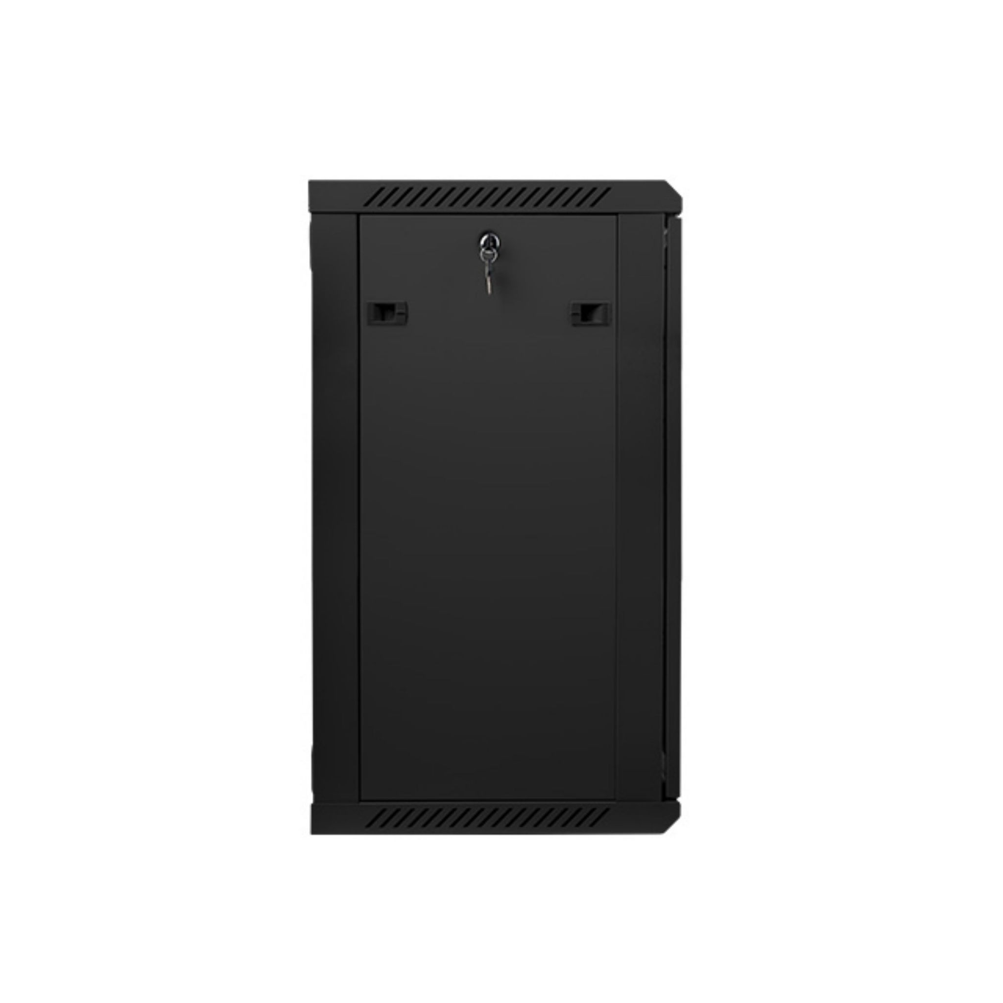 Un armario de rack de servidor negro con cerradura de llave.