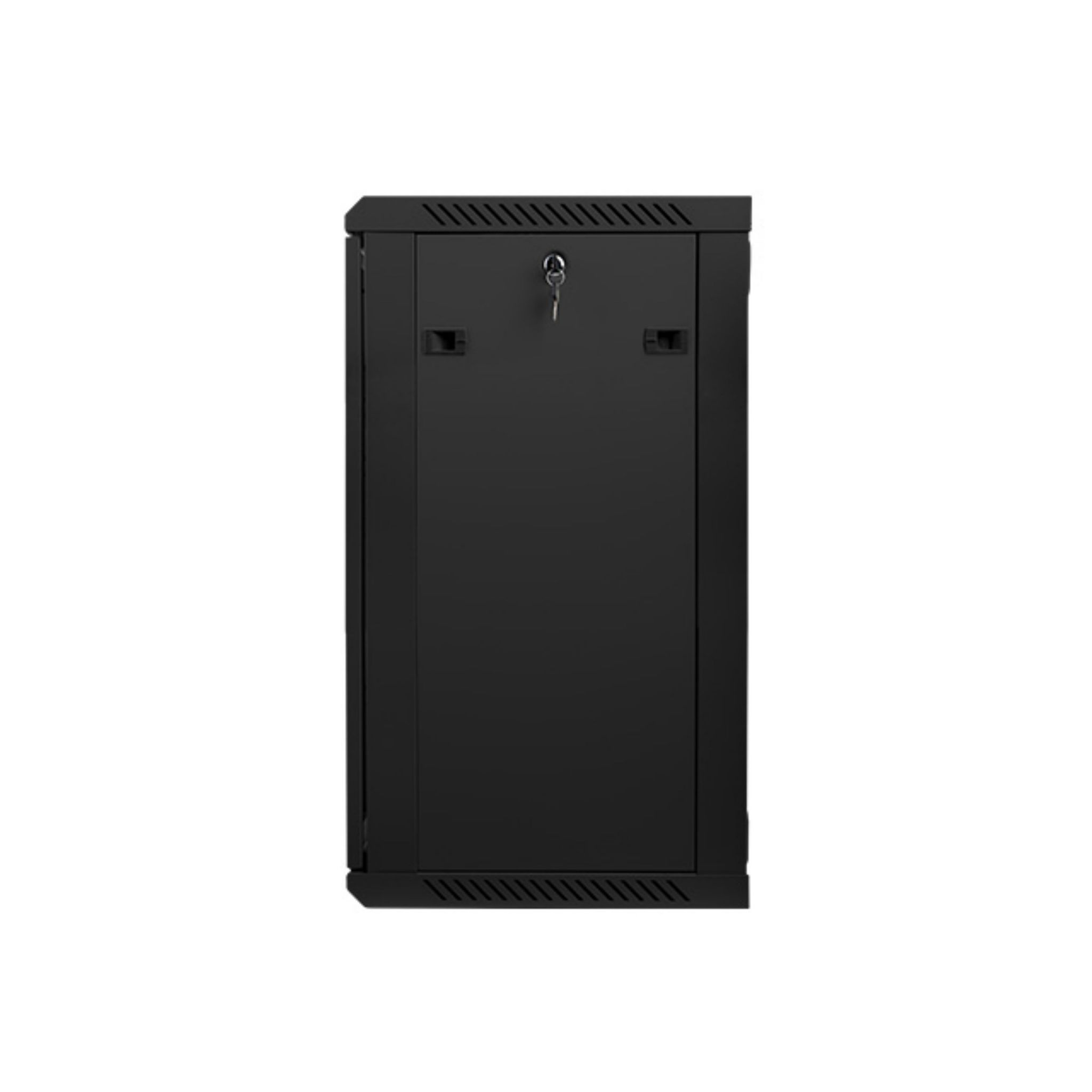 Un armario de rack de servidor negro con cerradura y llave en la puerta.