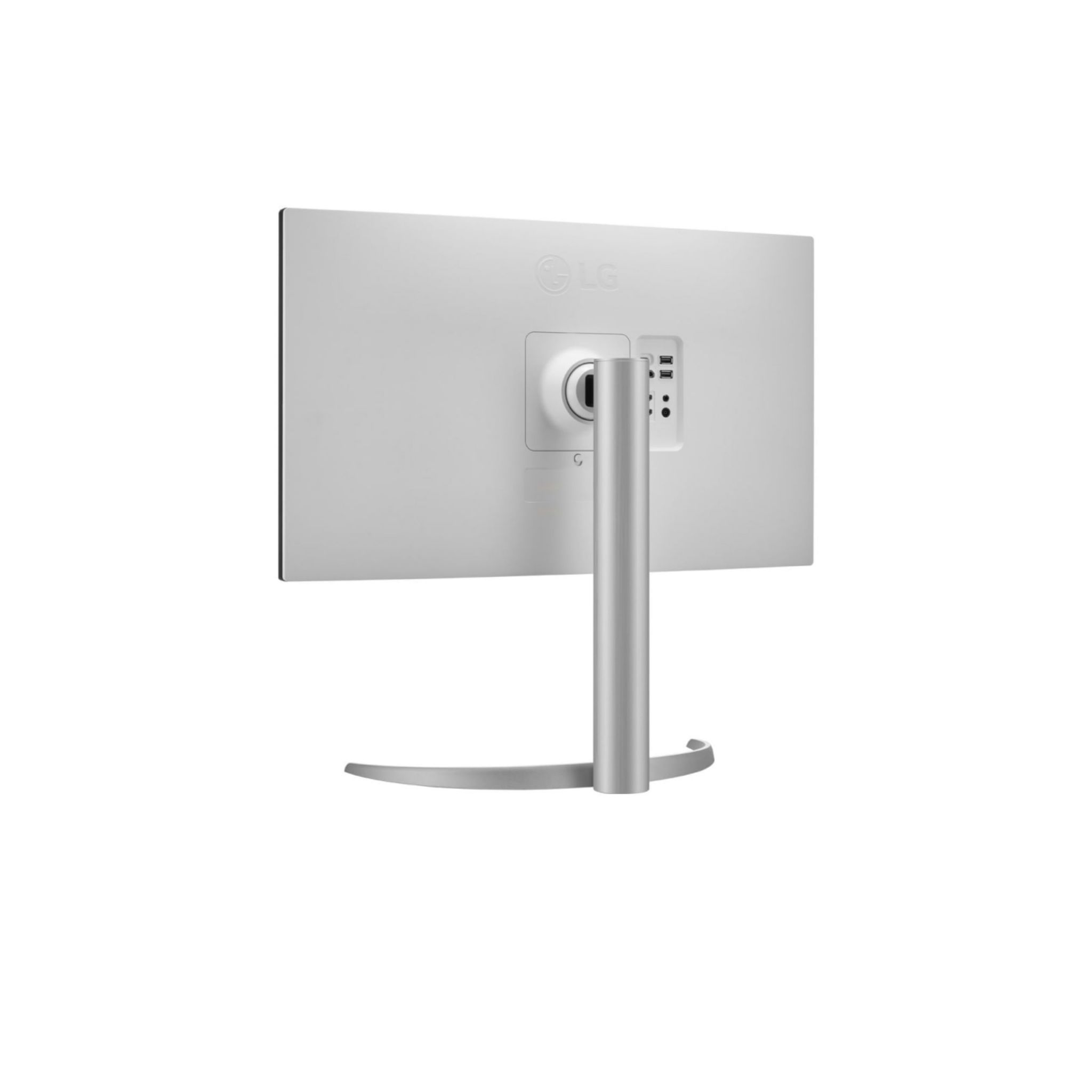 Vista posteriore di un monitor argentato con supporto e porte su sfondo bianco.