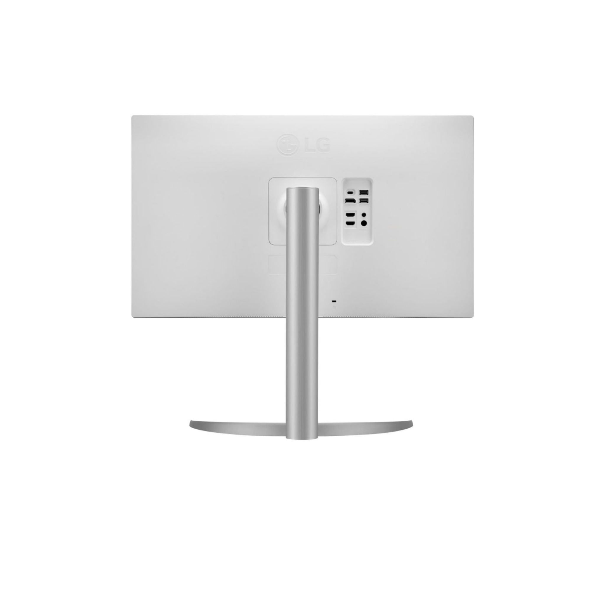 Retro di un monitor per computer bianco con porte e supporto. Il monitor è su sfondo bianco.