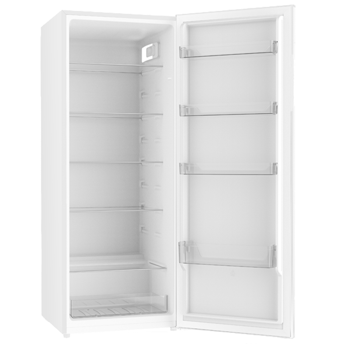 Weißer Kühlschrank mit geöffneter Tür, die Regale und das Innere zeigt.