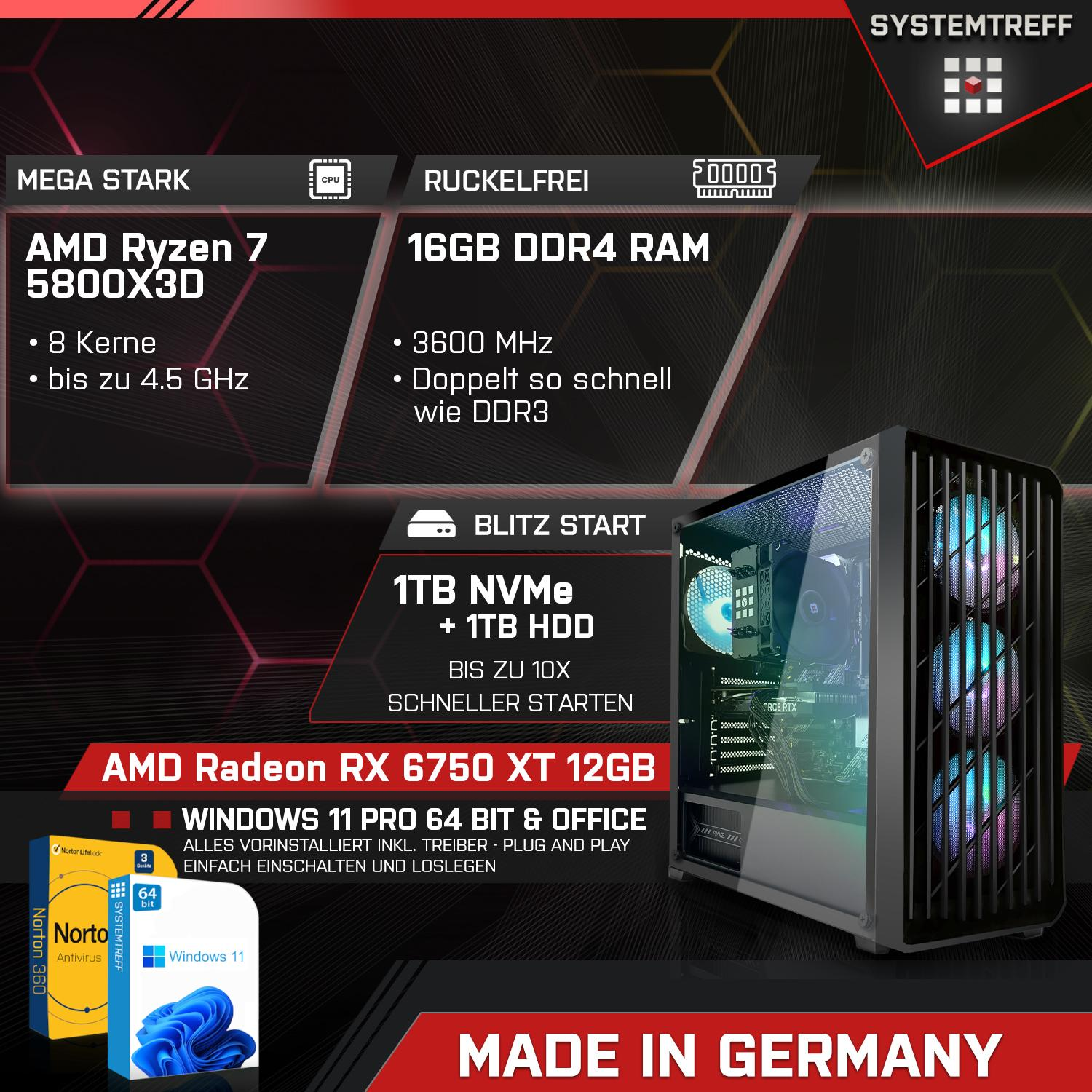 1000 Radeon™ GB Gaming Windows PC AMD RX mit XT Prozessor, 11 Ryzen Pro AMD GB 7 5800X3D, mSSD, RAM, 7 Ryzen™ 16 AMD 6750 SYSTEMTREFF Pro, Gaming