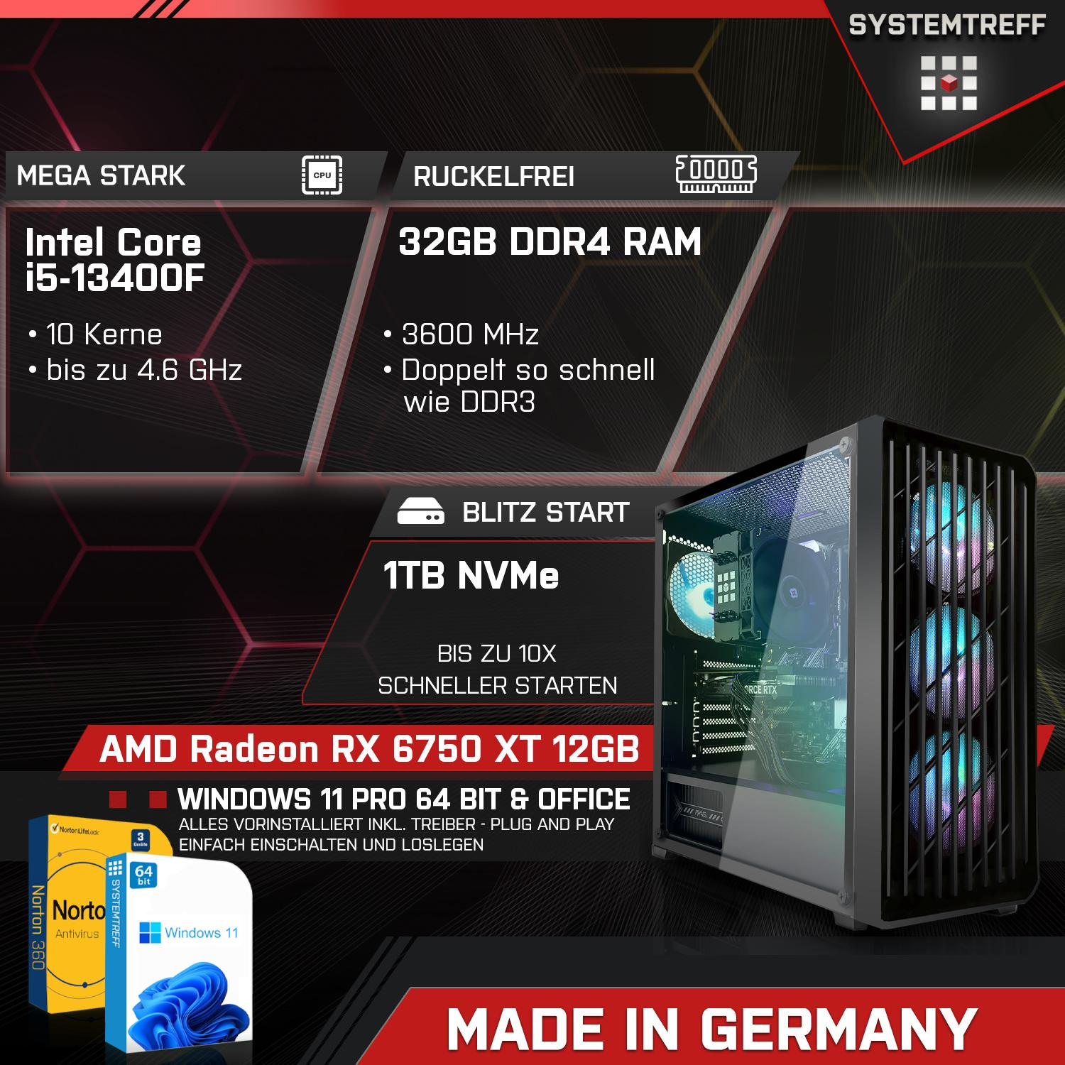 SYSTEMTREFF Gaming Komplett Intel 1000 i5-13400F, mSSD, AMD 12GB mit PC GB Prozessor, GDDR6, GB i5-13400F Komplett GB RX Radeon XT 6750 12 32 RAM, Core
