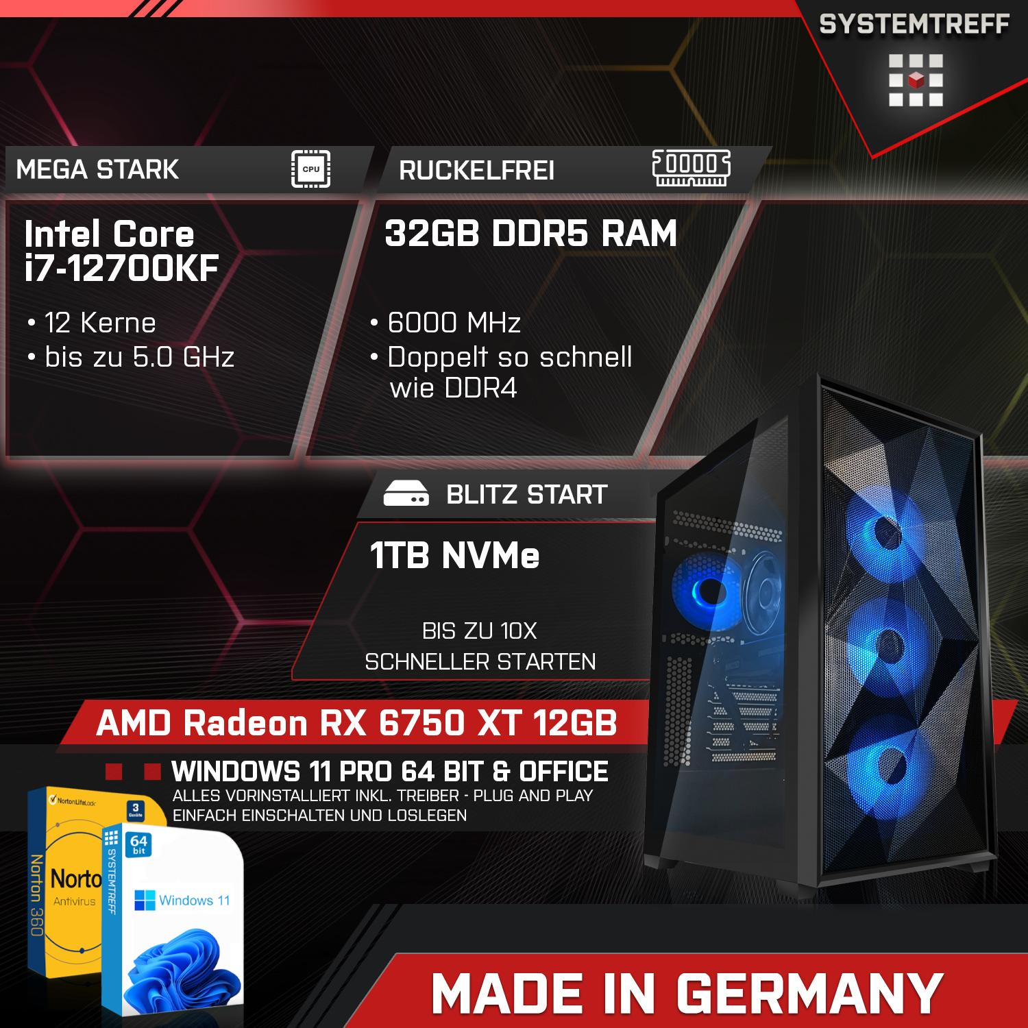 SYSTEMTREFF Gaming Komplett Intel Radeon mit i7-12700KF GB 12 12GB GB mSSD, PC GDDR6, Prozessor, GB 6750 XT Core 1000 RX i7-12700KF, AMD 32 RAM, Komplett