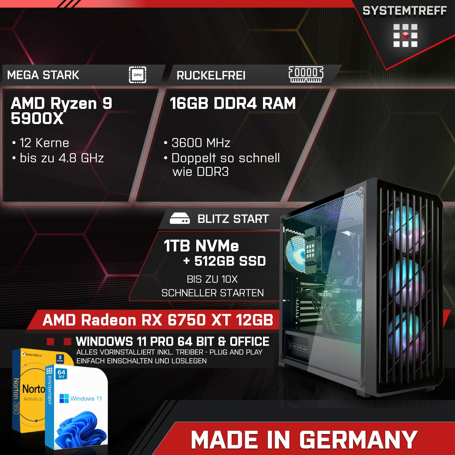 SYSTEMTREFF Pro Gaming AMD Ryzen Radeon™ 9 GB mSSD, 11 Windows mit Prozessor, AMD 5900X, Pro, Ryzen™ 16 AMD Gaming 1000 GB 9 RAM, 6750 RX PC XT