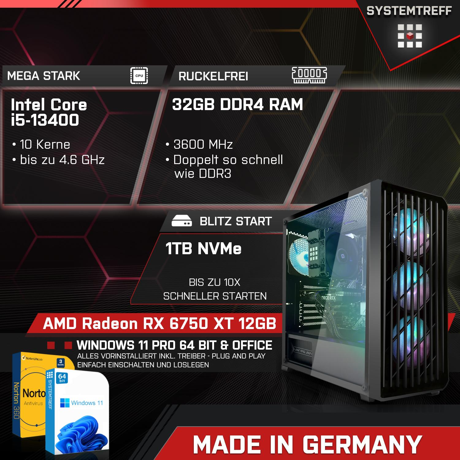 SYSTEMTREFF Gaming Komplett Core mSSD, i5-13400 12GB Intel i5-13400, Prozessor, AMD PC GB XT GB 12 Komplett 6750 RAM, GB 1000 32 Radeon RX GDDR6, mit