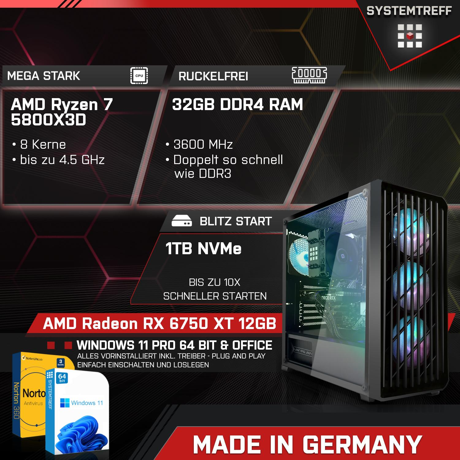 SYSTEMTREFF Gaming Komplett AMD Ryzen GB 7 RX Prozessor, 5800X3D, 12 AMD Komplett GB mit 6750 GB 32 Radeon 5800X3D GDDR6, XT mSSD, 1000 PC RAM, 12GB