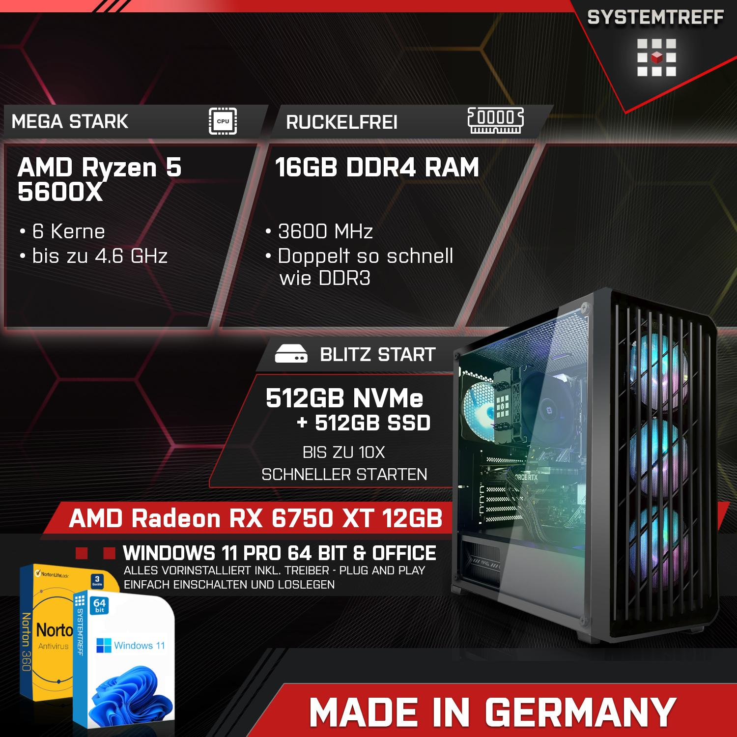 6750 5 Gaming Windows Radeon™ 5 Pro, 16 Prozessor, RX 512 11 AMD mit RAM, AMD Gaming SYSTEMTREFF 5600X, GB XT mSSD, GB Ryzen™ Ryzen AMD PC Pro