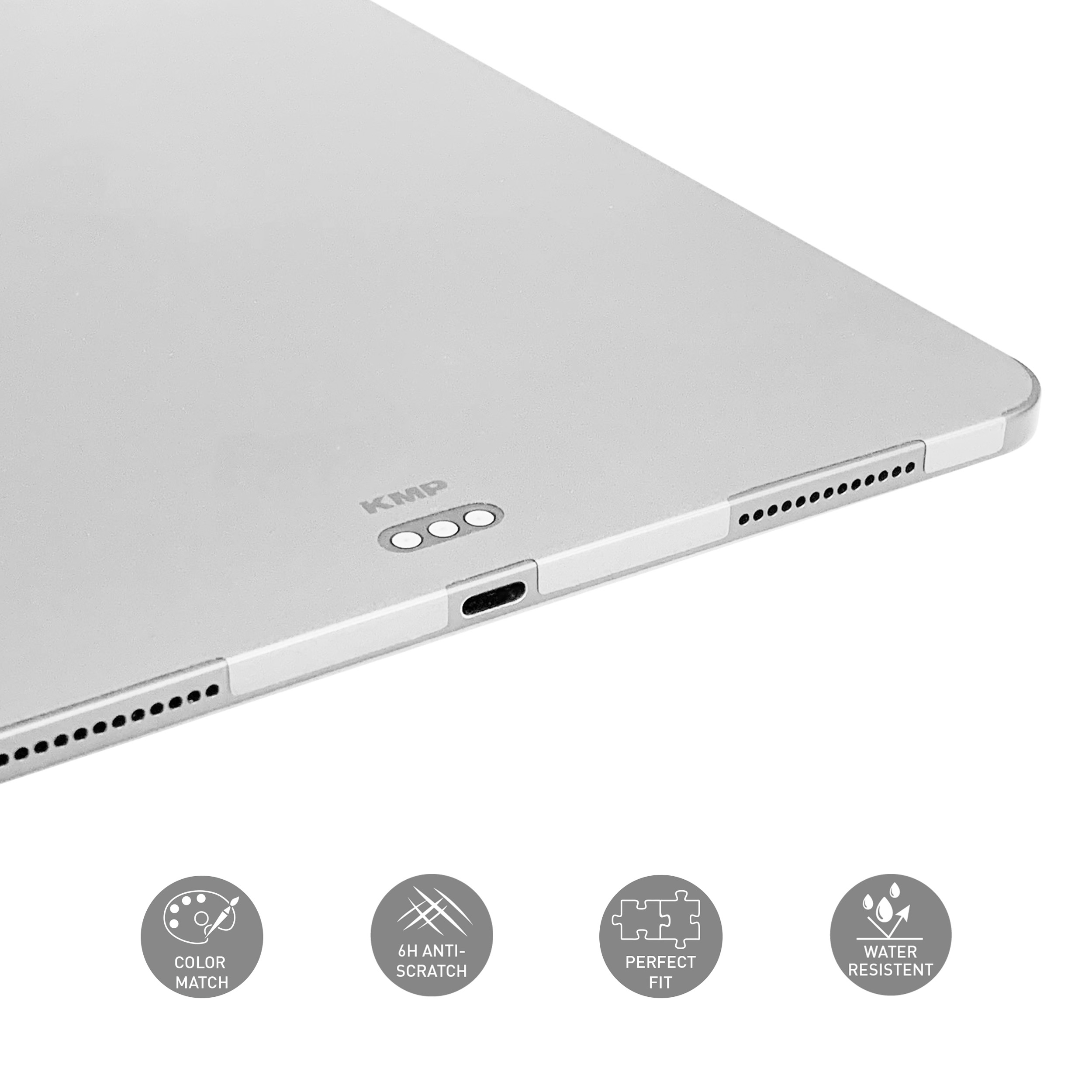 Silbernes Tablet. Zeigt Knöpfe, Anschlüsse und Symbole für Farbe, Kratzer, Passform und Wasser.