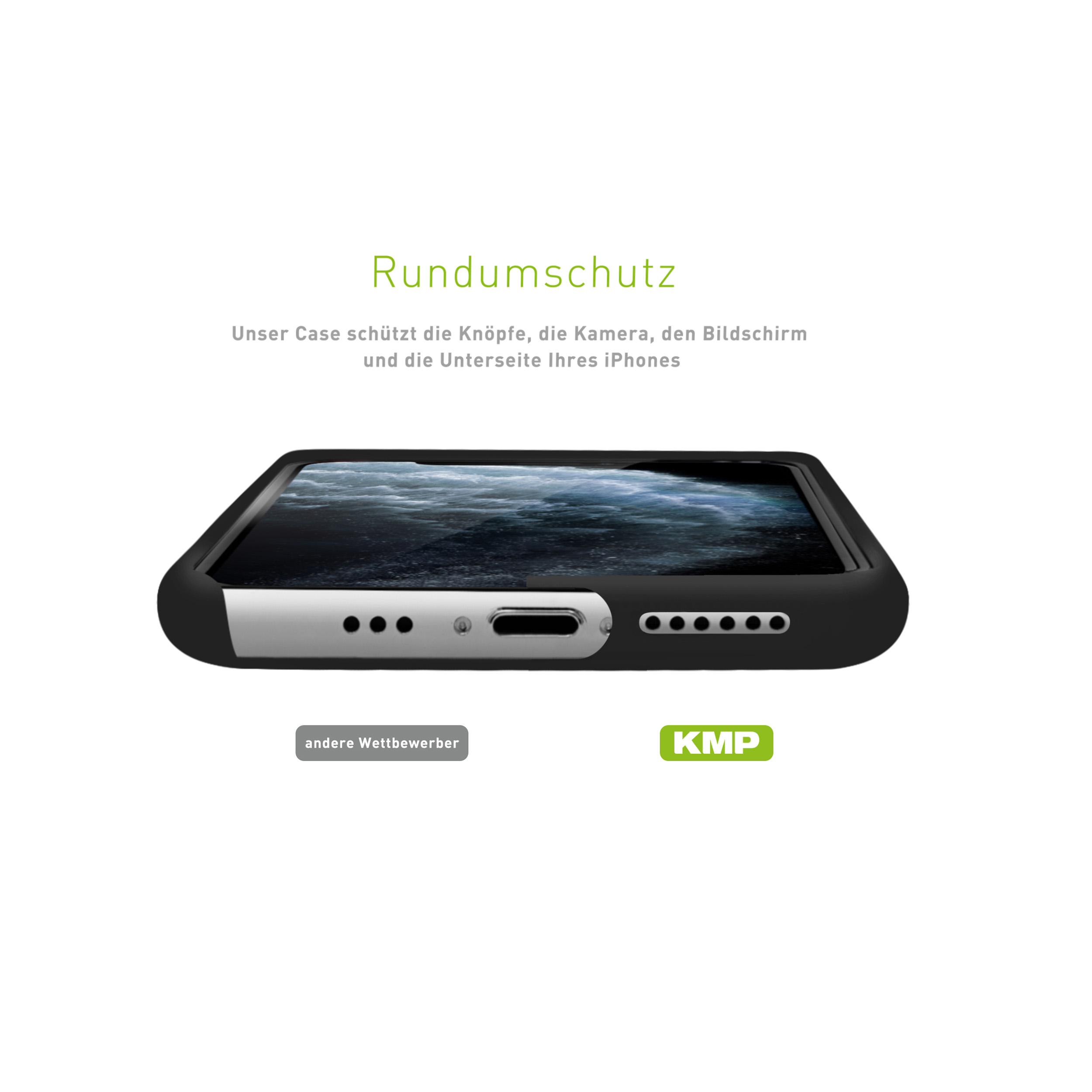 Schwarzes iPhone in schwarzer Hülle. Text auf Deutsch. KMP-Logo rechts.