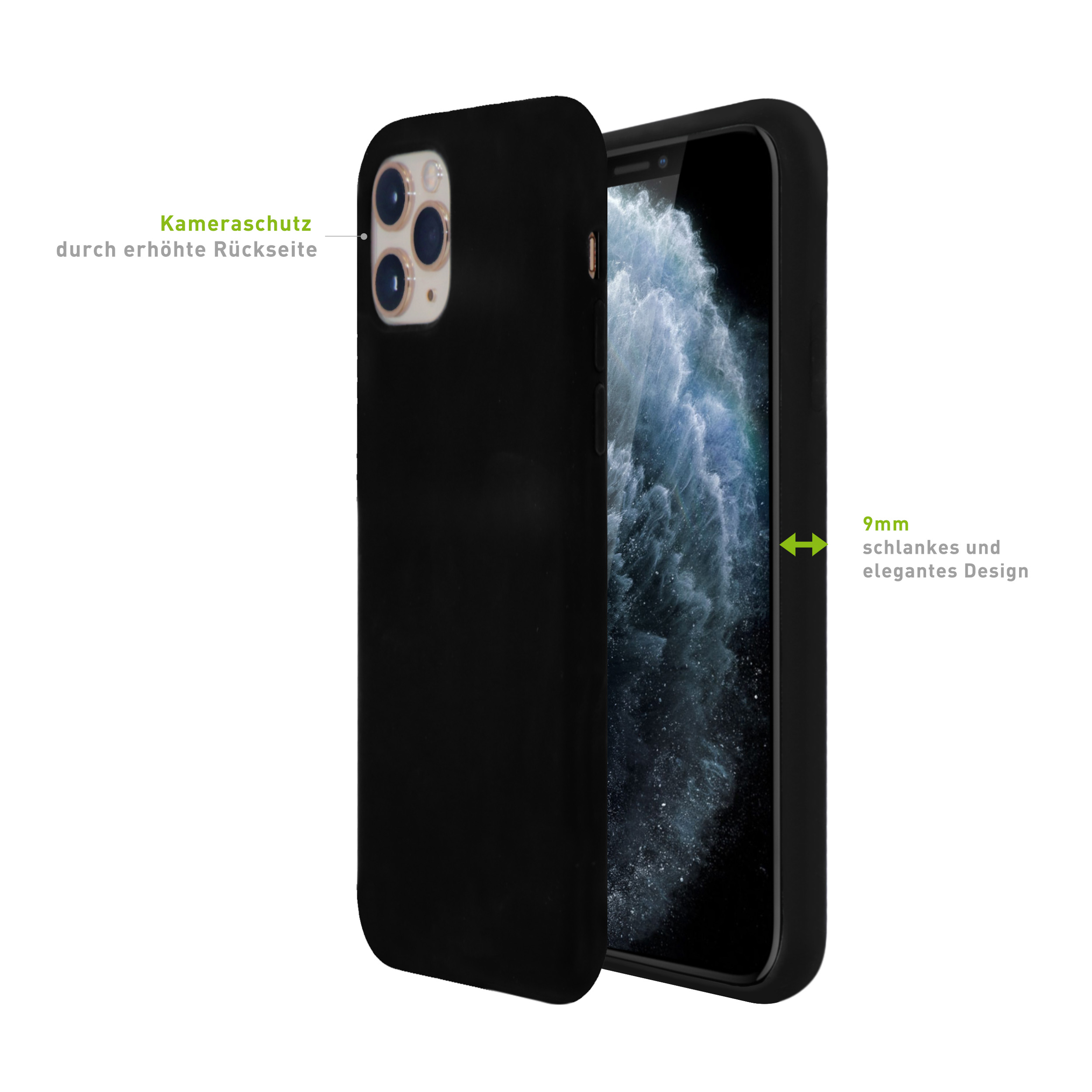 Schwarze Handyhülle mit Telefon darin. Text sagt 9mm schlankes Design.