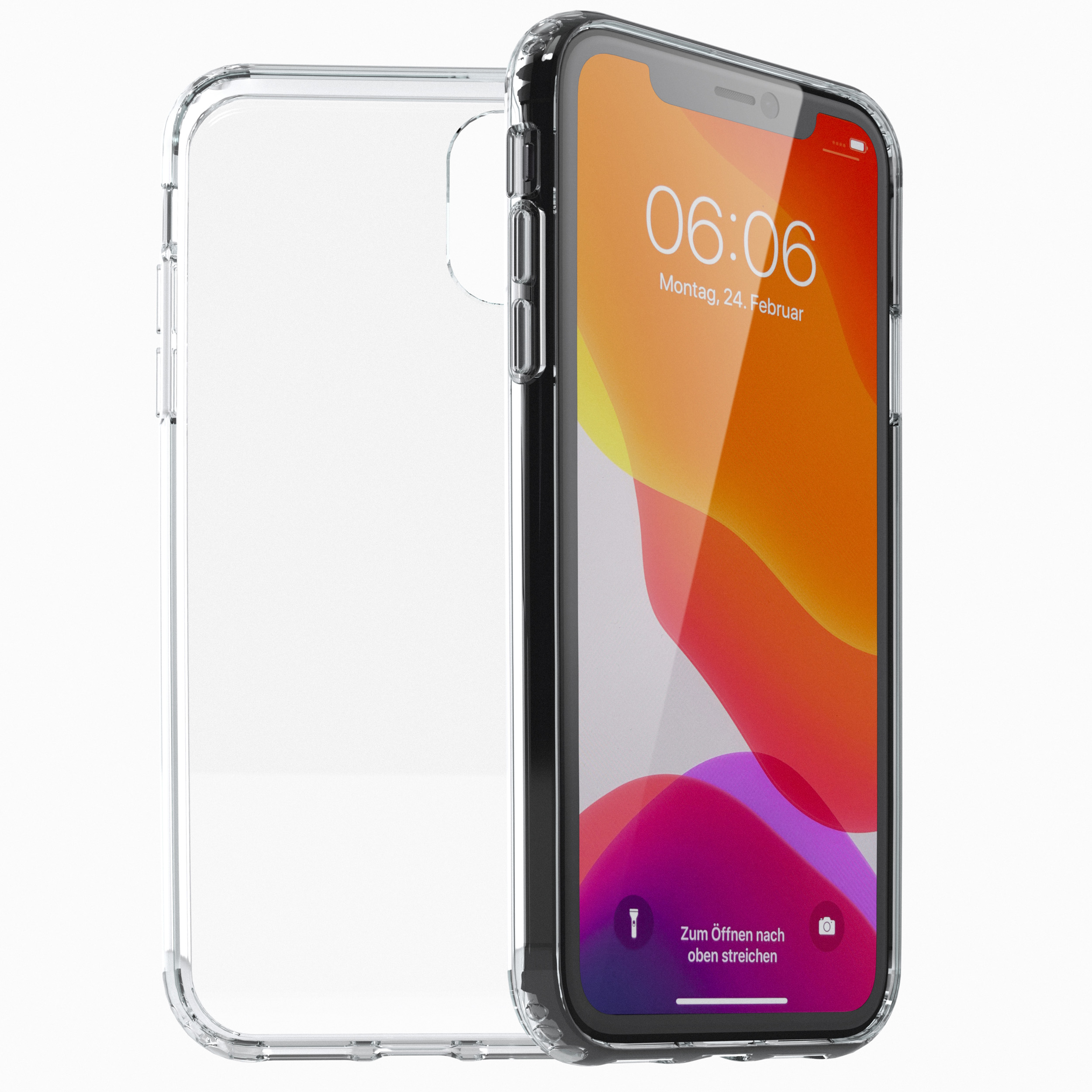 Smartphone in klarer Hülle mit der Uhrzeit 06:06 auf dem Bildschirm.