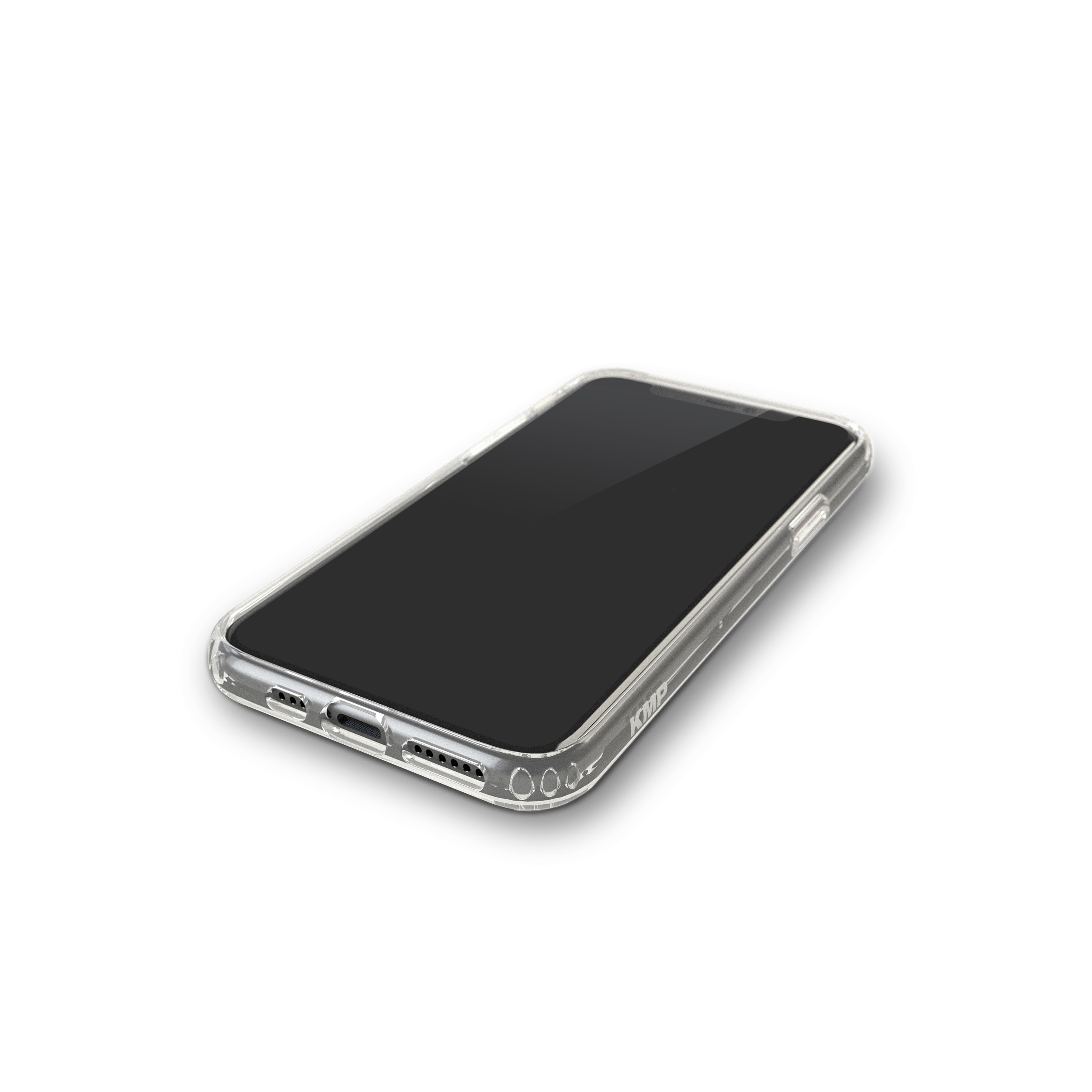 Ein Telefon mit einer transparenten Hülle liegt auf einer weißen Oberfläche. Der Bildschirm ist sichtbar und schwarz.