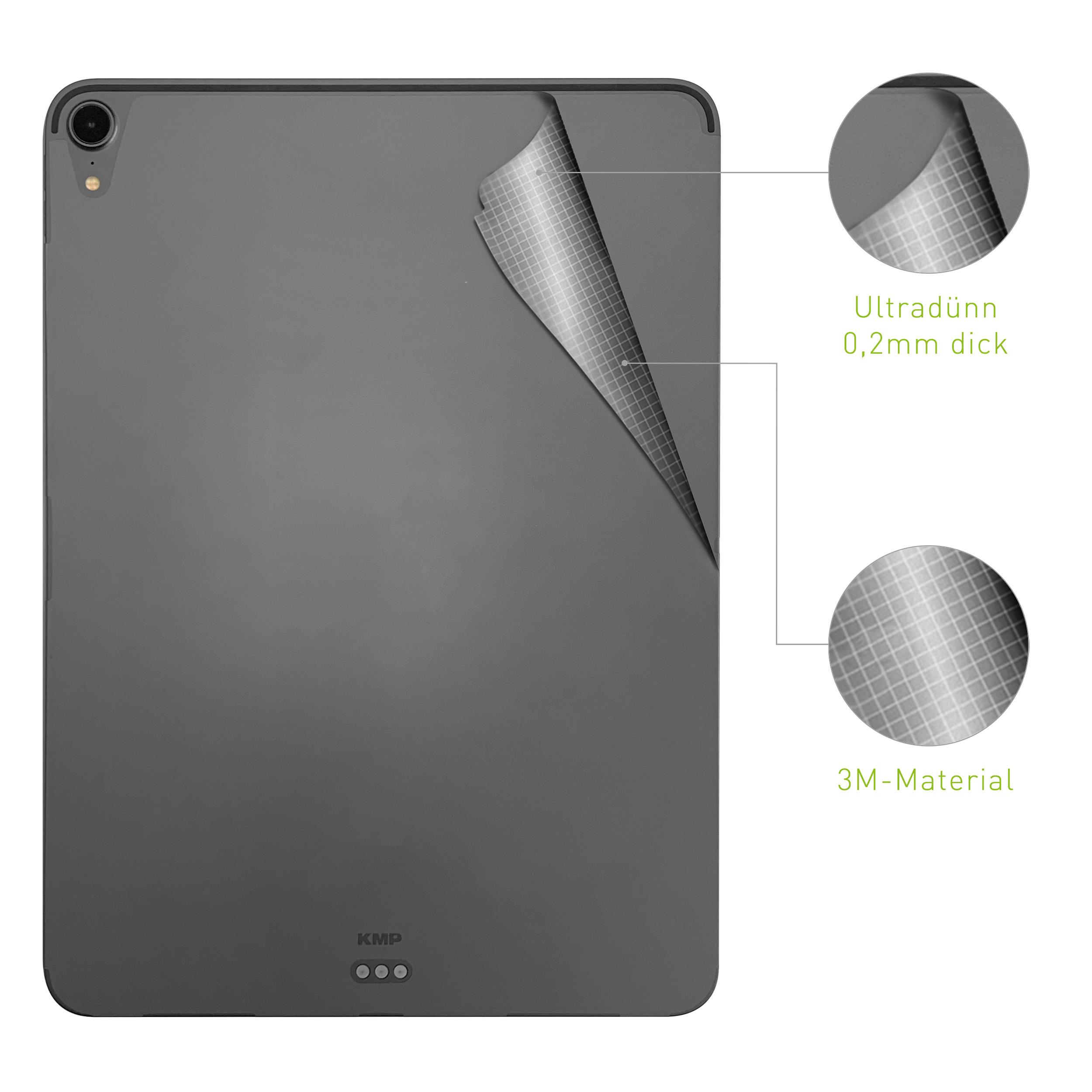 Ein graues iPad mit sich ablösender Folie. Text zeigt '0,2mm dick' und '3M-Material'. Die Rückseite ist sichtbar.